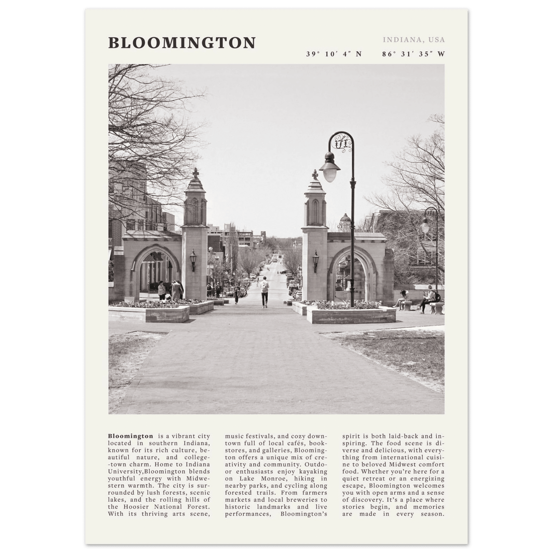 Bloomington Indiana Black and White Vintage Poster - Evergreen Posters