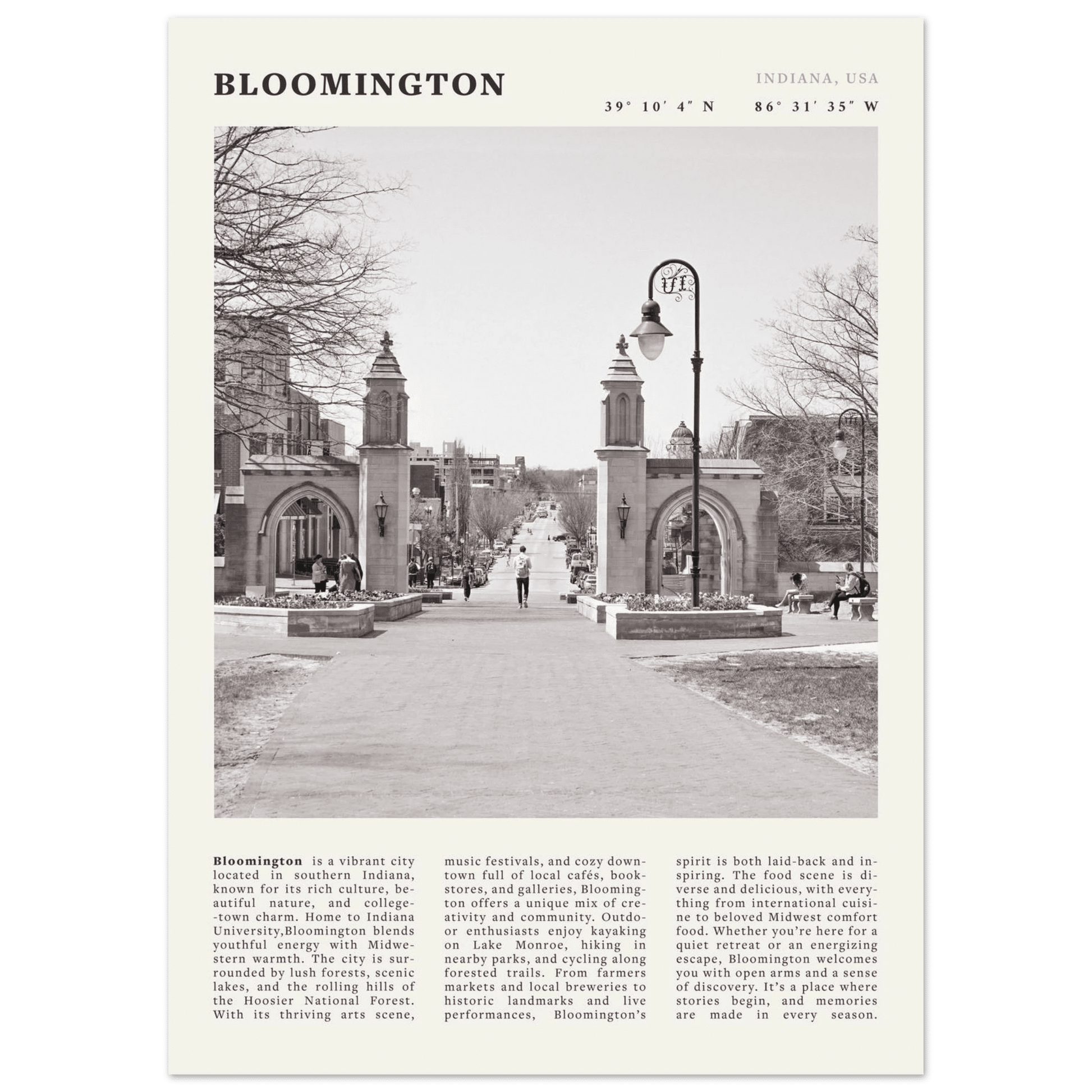 Bloomington Indiana Black and White Vintage Poster - Evergreen Posters