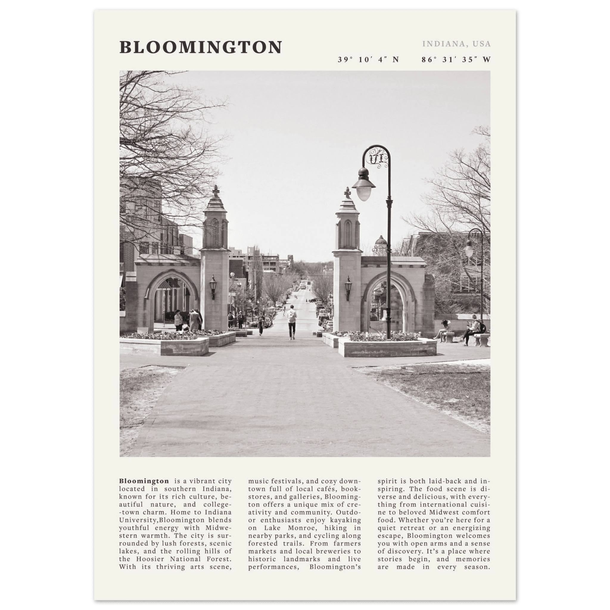 Bloomington Indiana Black and White Vintage Poster - Evergreen Posters