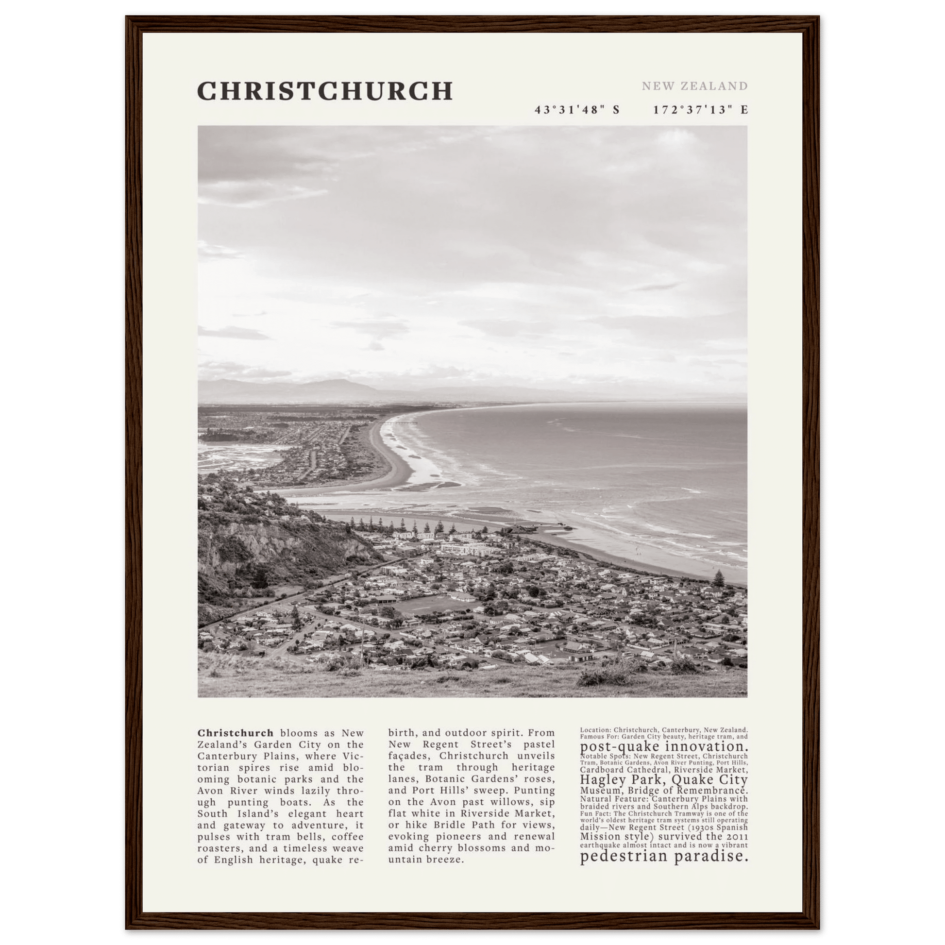 Christchurch New Zealand Poster Black and White – Vintage Garden City Panorama Print - Evergreen Posters