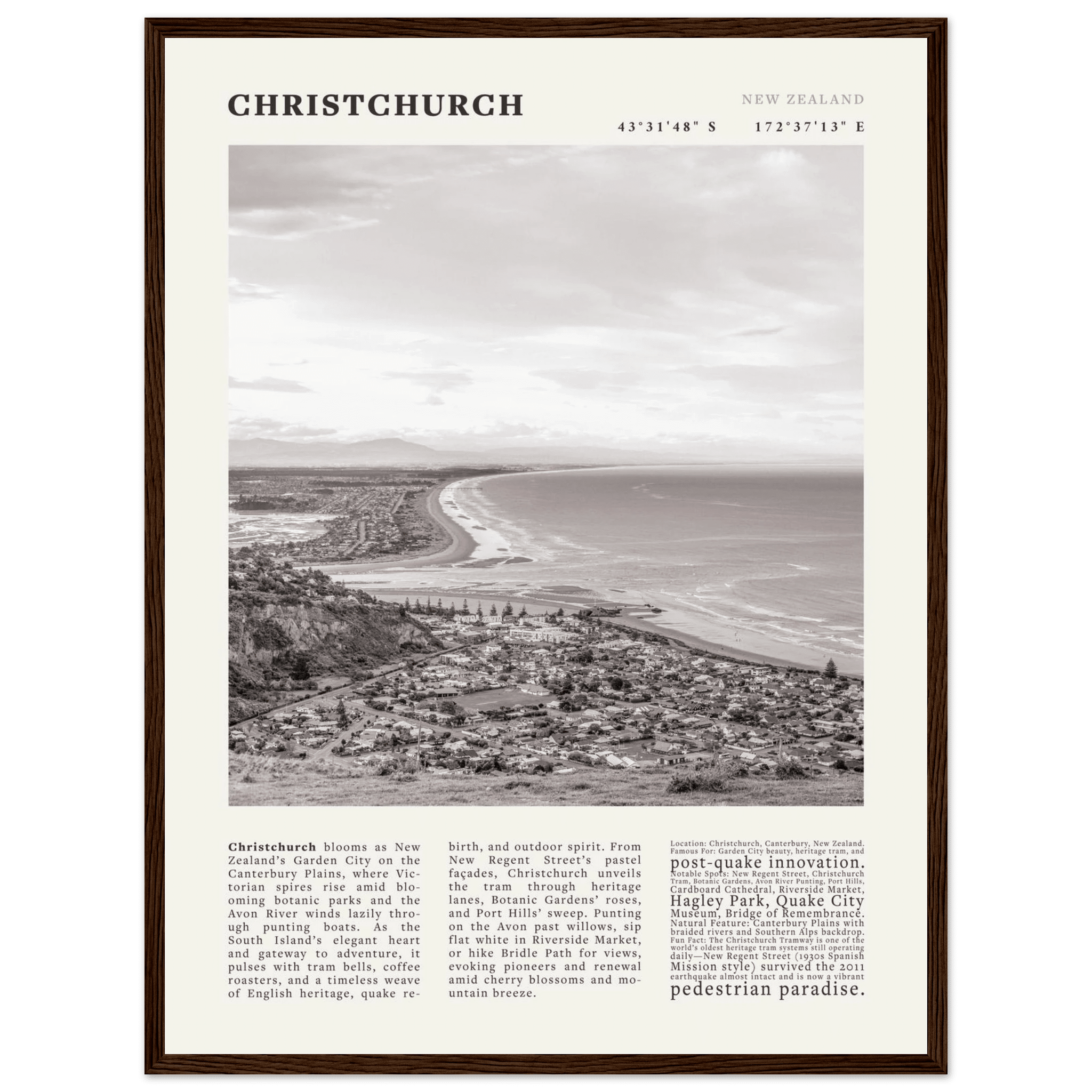 Christchurch New Zealand Poster Black and White – Vintage Garden City Panorama Print - Evergreen Posters