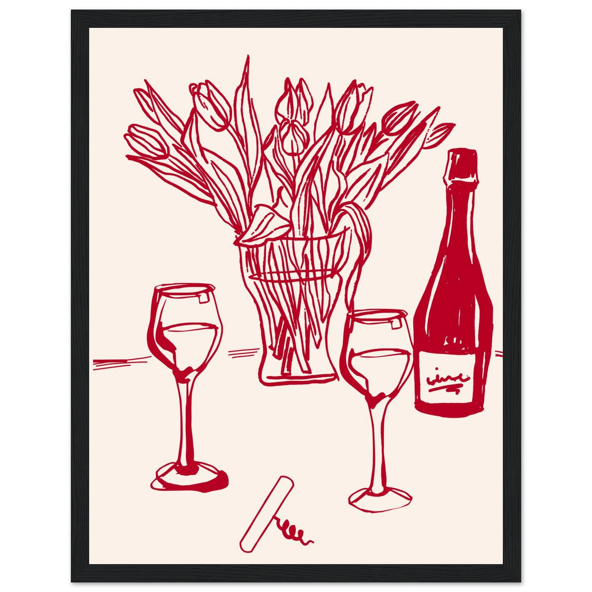 Red Wine & Tulips Print | Line Art Wine Bottle Wall Art | Kitchen Poster - Evergreen Posters