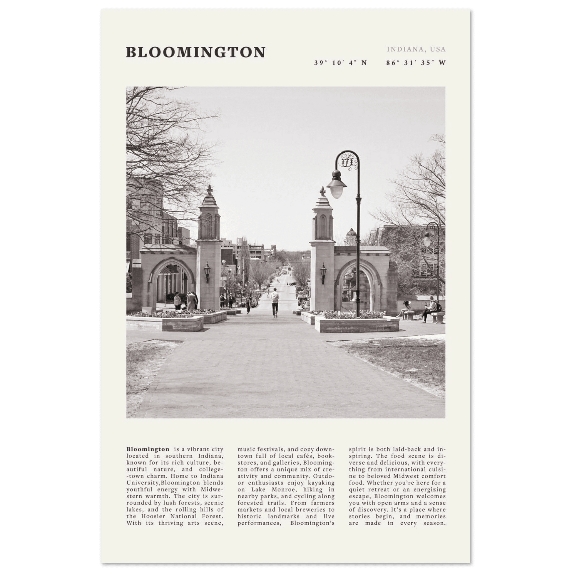 Bloomington Indiana Black and White Vintage Poster - Evergreen Posters