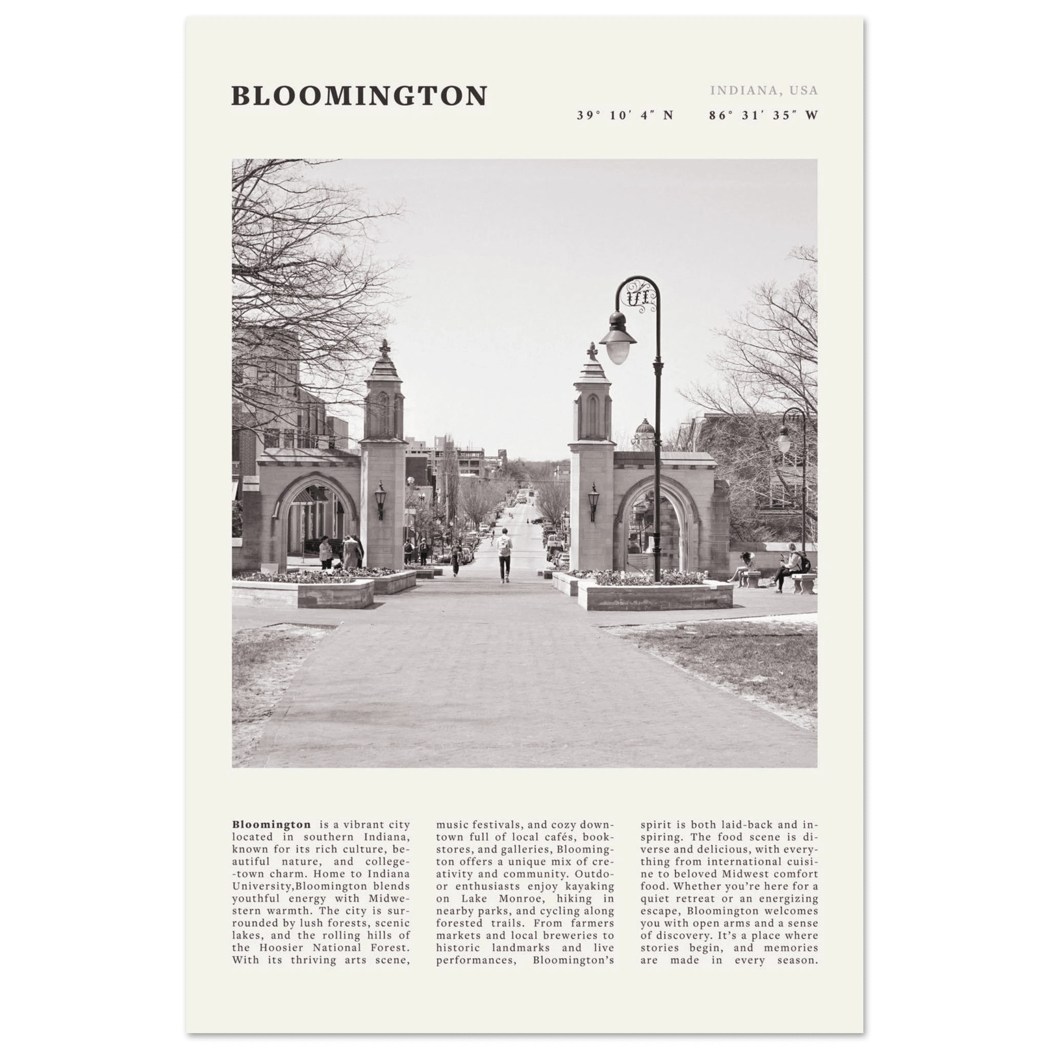 Bloomington Indiana Black and White Vintage Poster - Evergreen Posters