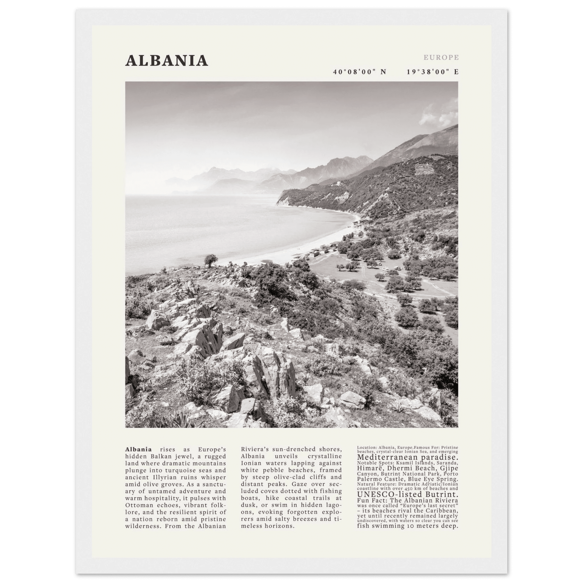 Albania Poster Black and White – Vintage Albanian Riviera Travel Print (Digital & Printed Options) - Evergreen Posters