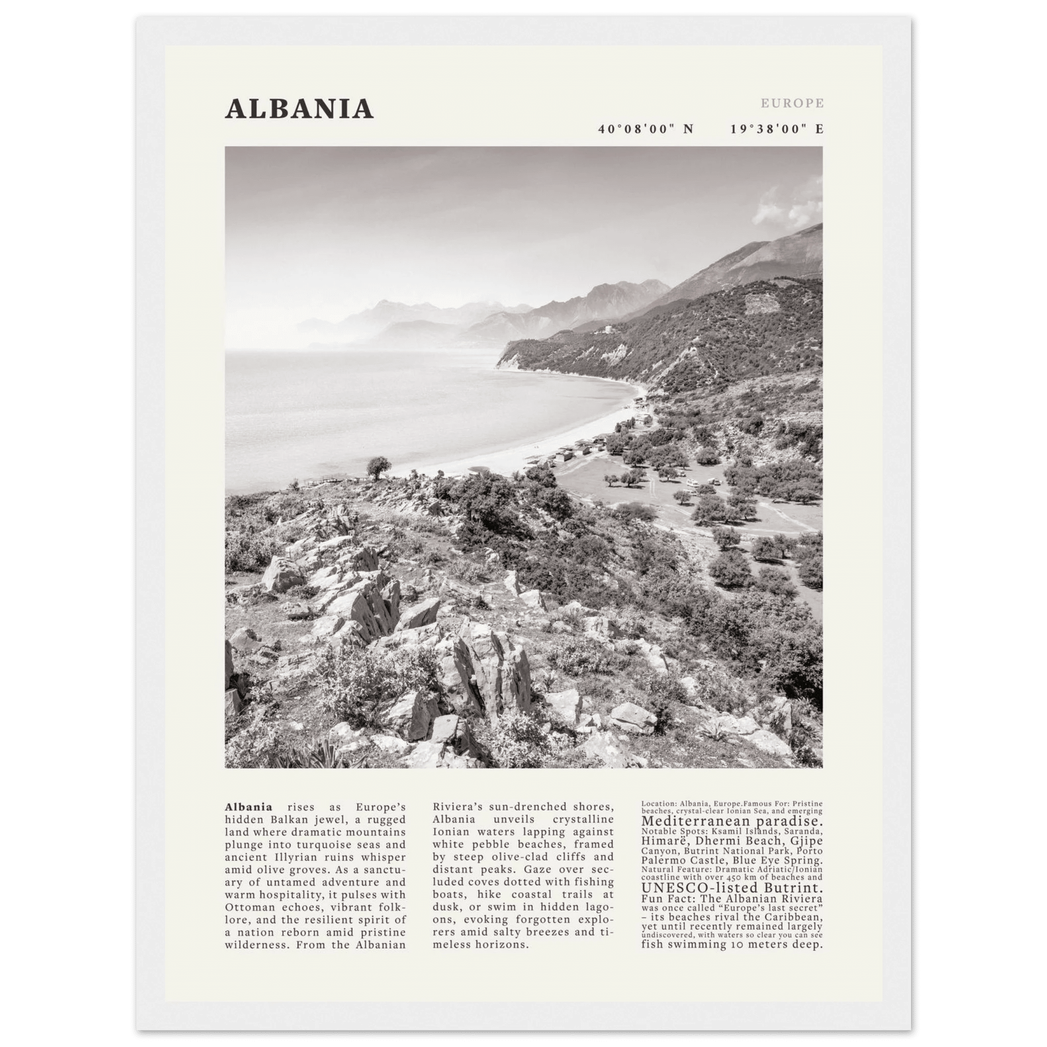Albania Poster Black and White – Vintage Albanian Riviera Travel Print (Digital & Printed Options) - Evergreen Posters