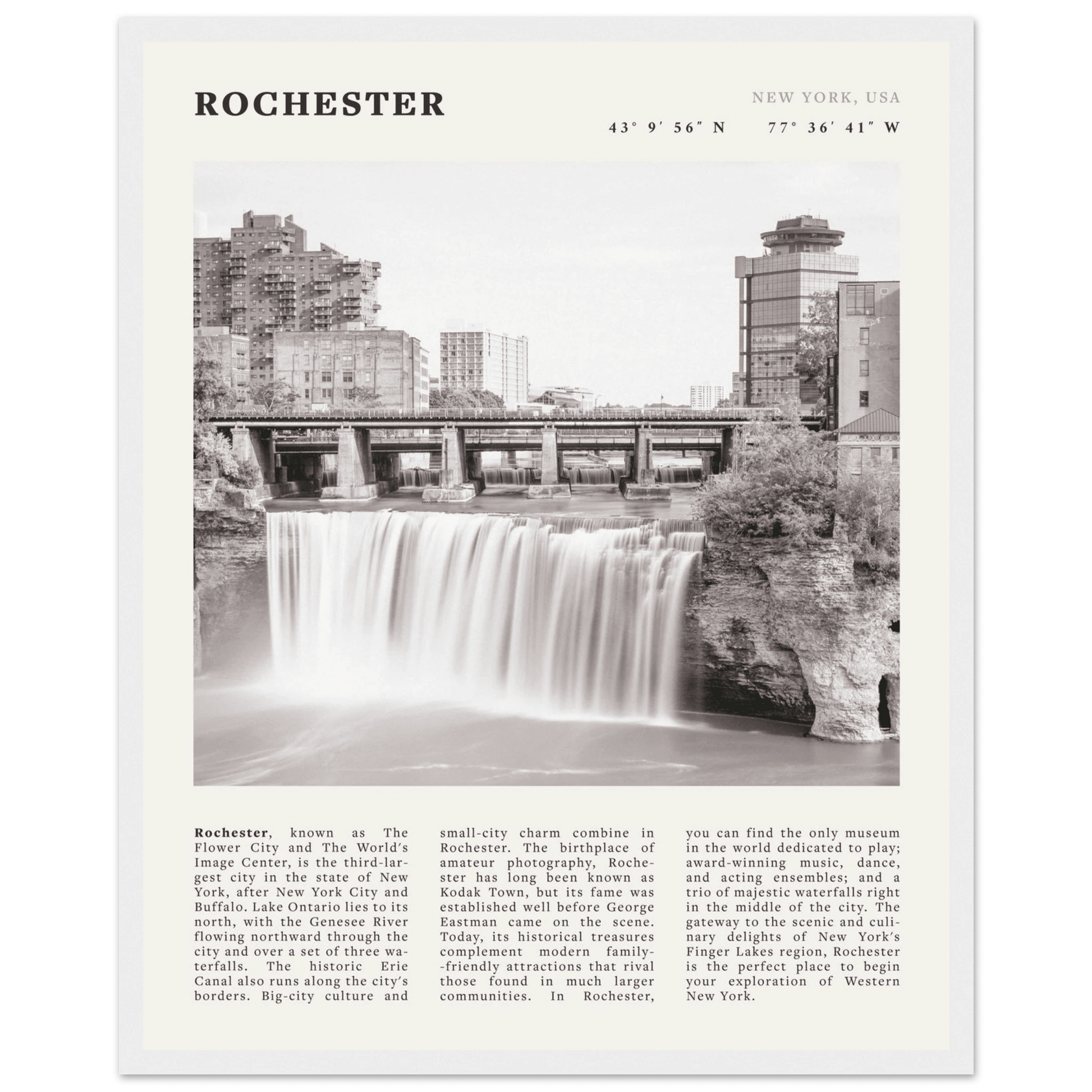 Rochester Poster | Black & White High Falls Wall Art | New York Travel Print - Evergreen Posters
