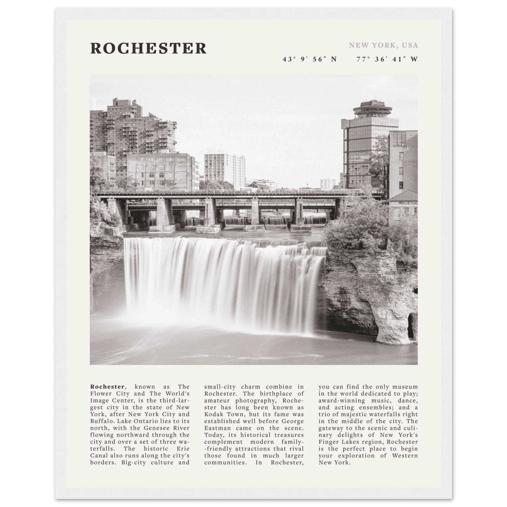 Rochester Poster | Black & White High Falls Wall Art | New York Travel Print - Evergreen Posters