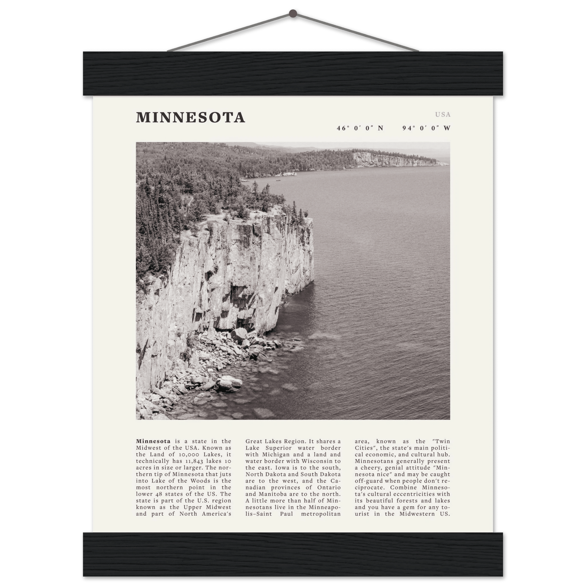 Minnesota Poster | Black & White Lake Superior Wall Art | USA Nature Travel Print - Evergreen Posters