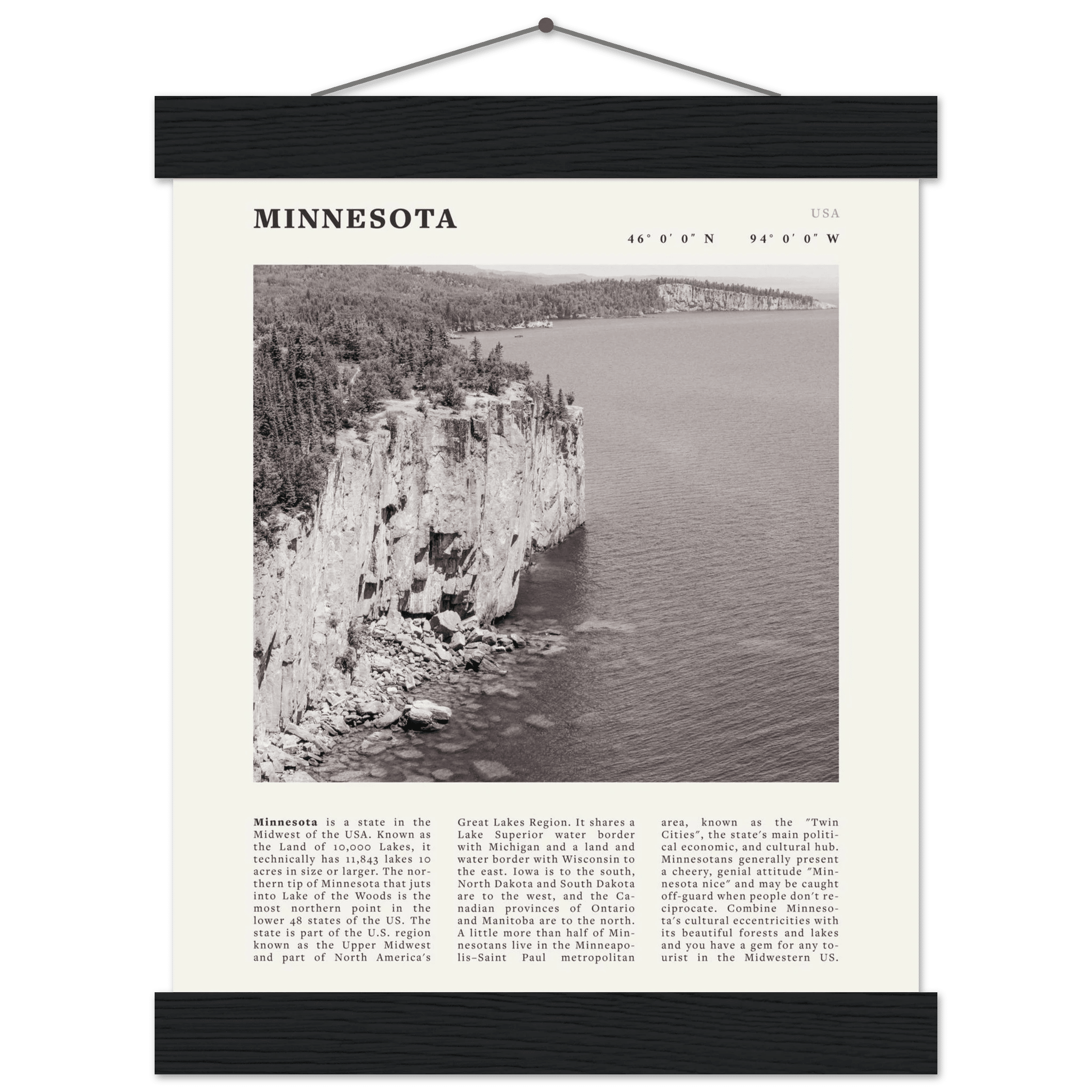 Minnesota Poster | Black & White Lake Superior Wall Art | USA Nature Travel Print - Evergreen Posters
