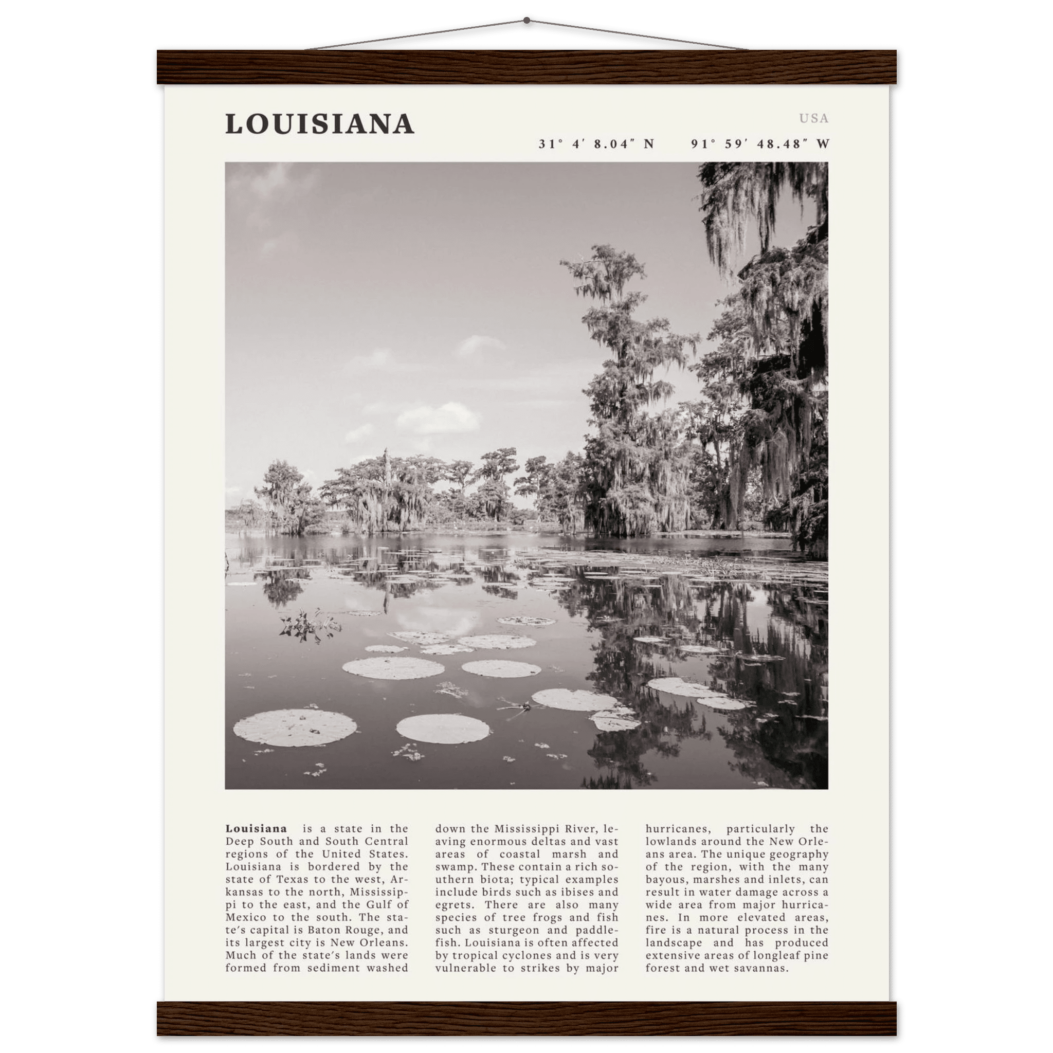 Louisiana Poster | Black & White Bayou Wall Art | Southern USA Travel Print Decor - Evergreen Posters