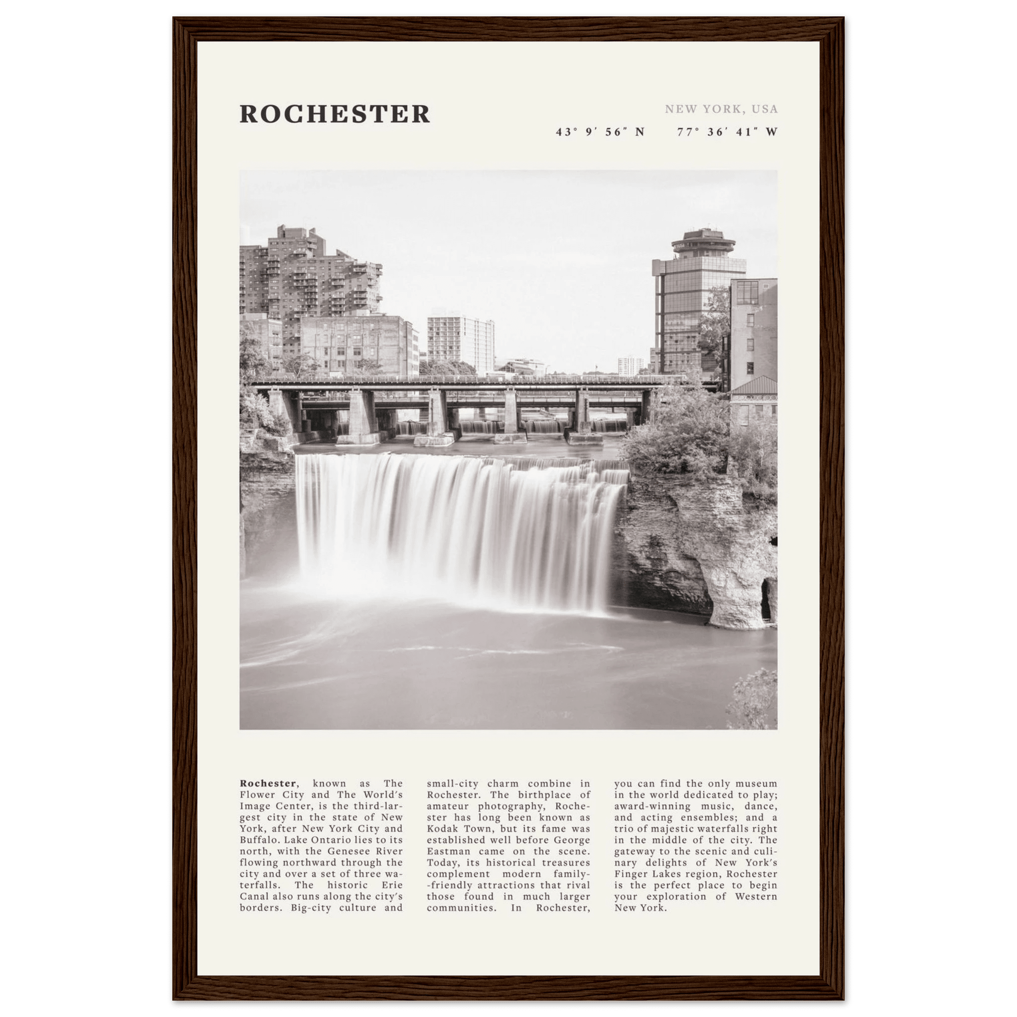 Rochester Poster | Black & White High Falls Wall Art | New York Travel Print - Evergreen Posters