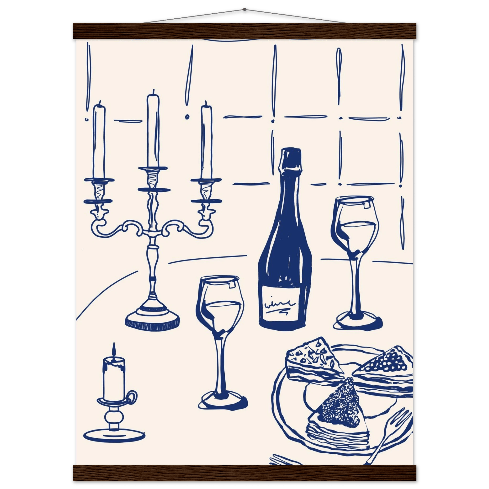 Candlelight Dinner Print | Navy Blue Wine & Candelabra Line Art | Kitchen Poster - Evergreen Posters
