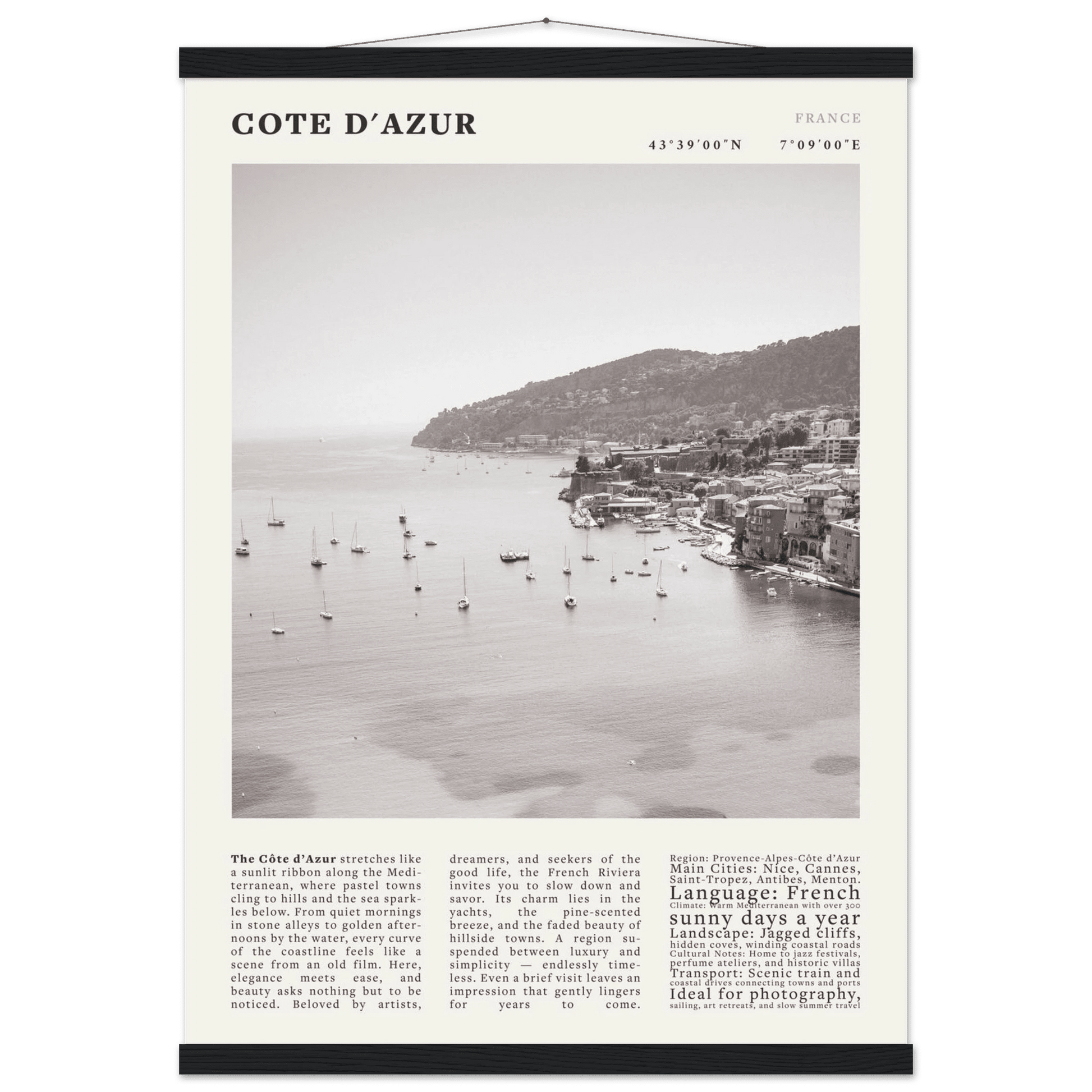 Côte d'Azur Poster Black and White – Vintage French Riviera Coast Print (Digital & Printed Options) - Evergreen Posters