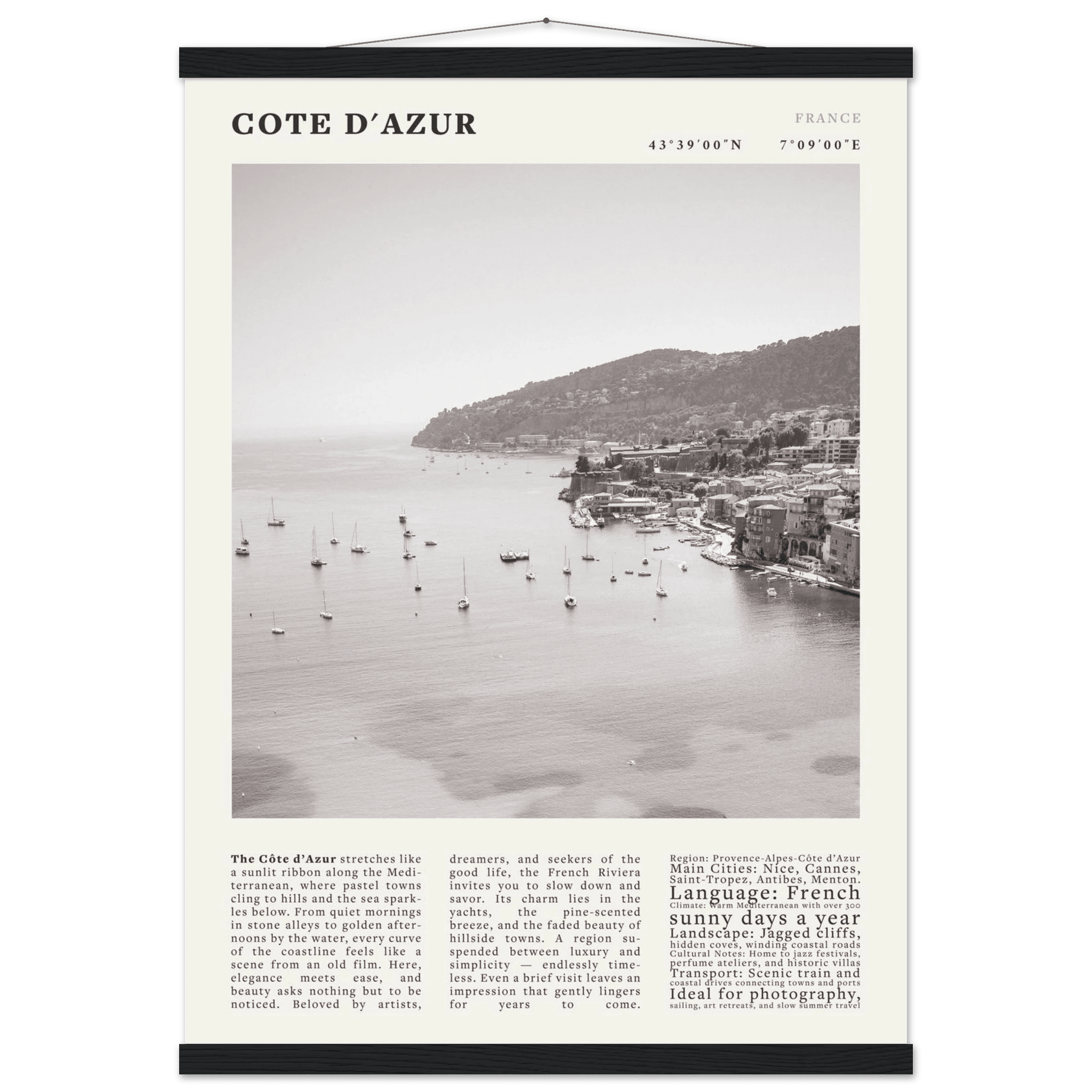 Côte d'Azur Poster Black and White – Vintage French Riviera Coast Print (Digital & Printed Options) - Evergreen Posters