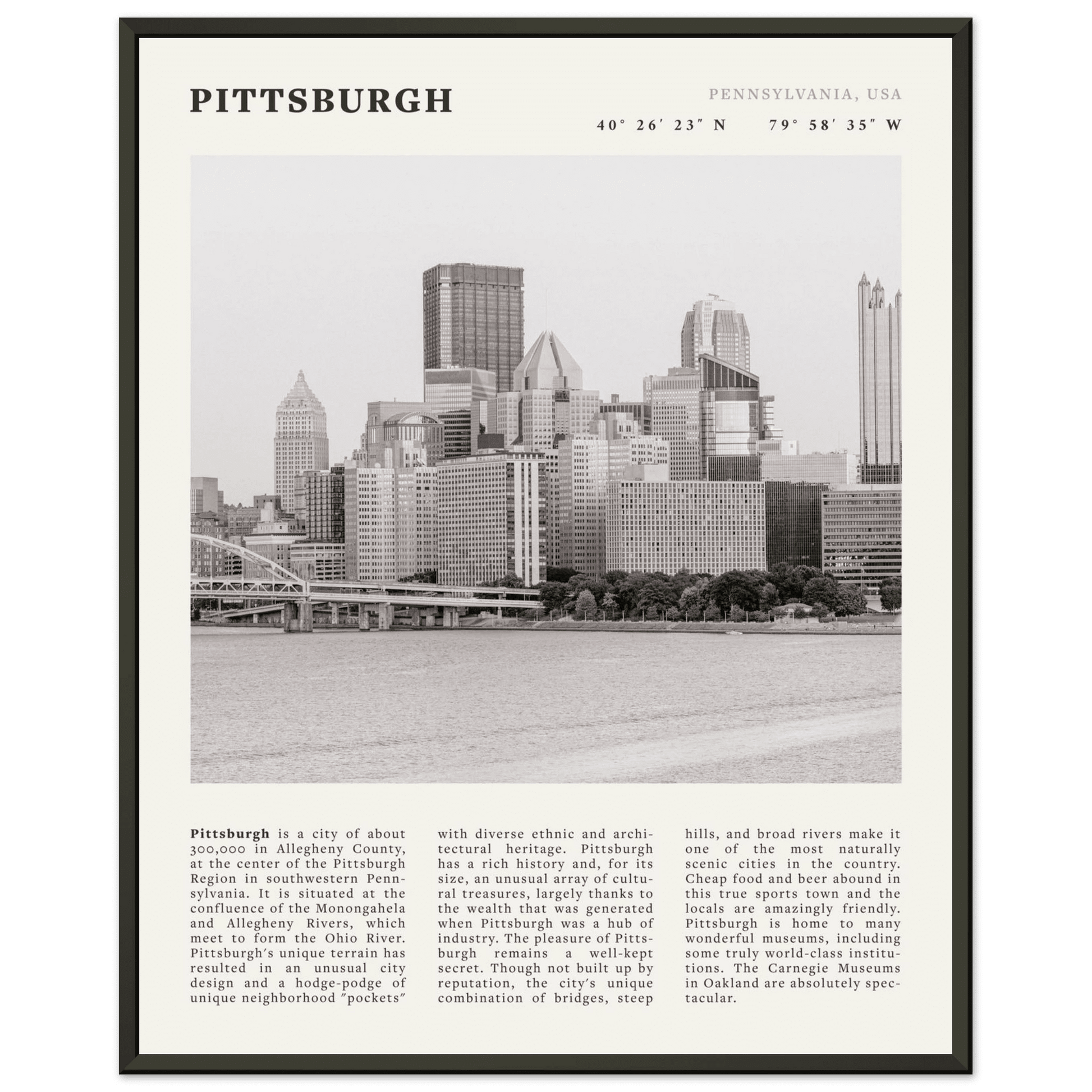 Pittsburgh Poster | Black & White Pennsylvania Skyline Wall Art | PA Travel Print - Evergreen Posters