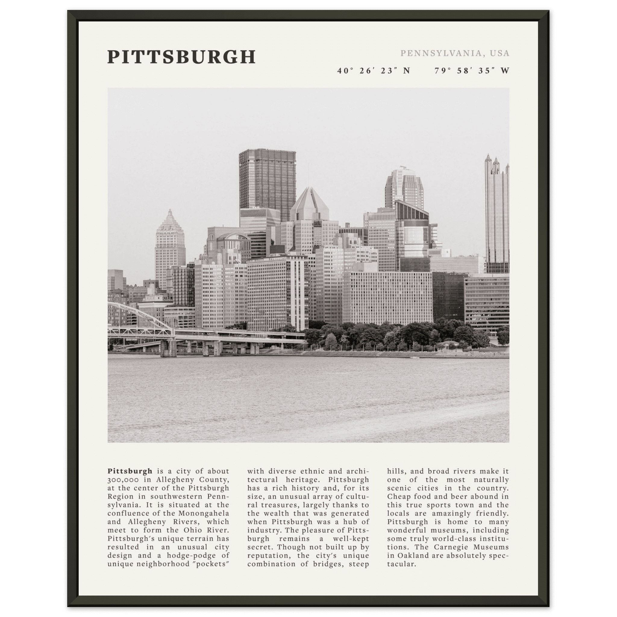 Pittsburgh Poster | Black & White Pennsylvania Skyline Wall Art | PA Travel Print - Evergreen Posters