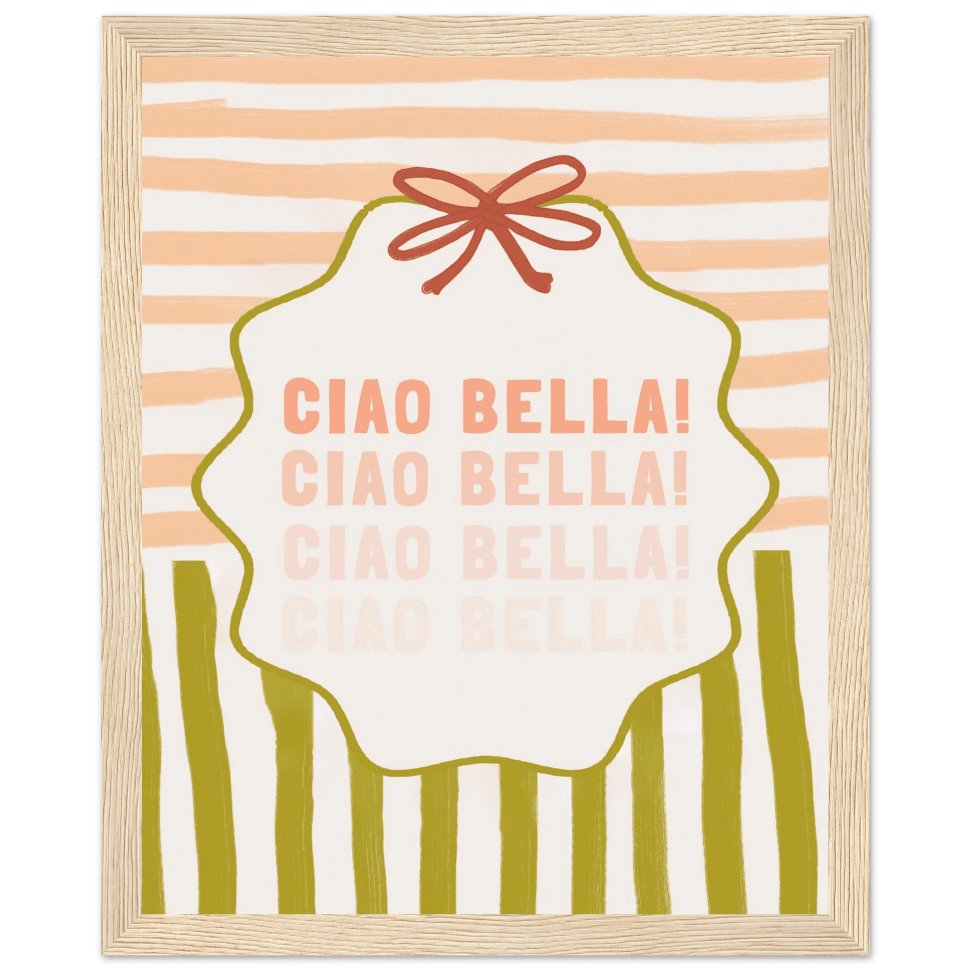 Ciao Bella Poster | Italian Typography Wall Art | Retro Stripe Bow Print | Cute Room Decor - Evergreen Posters