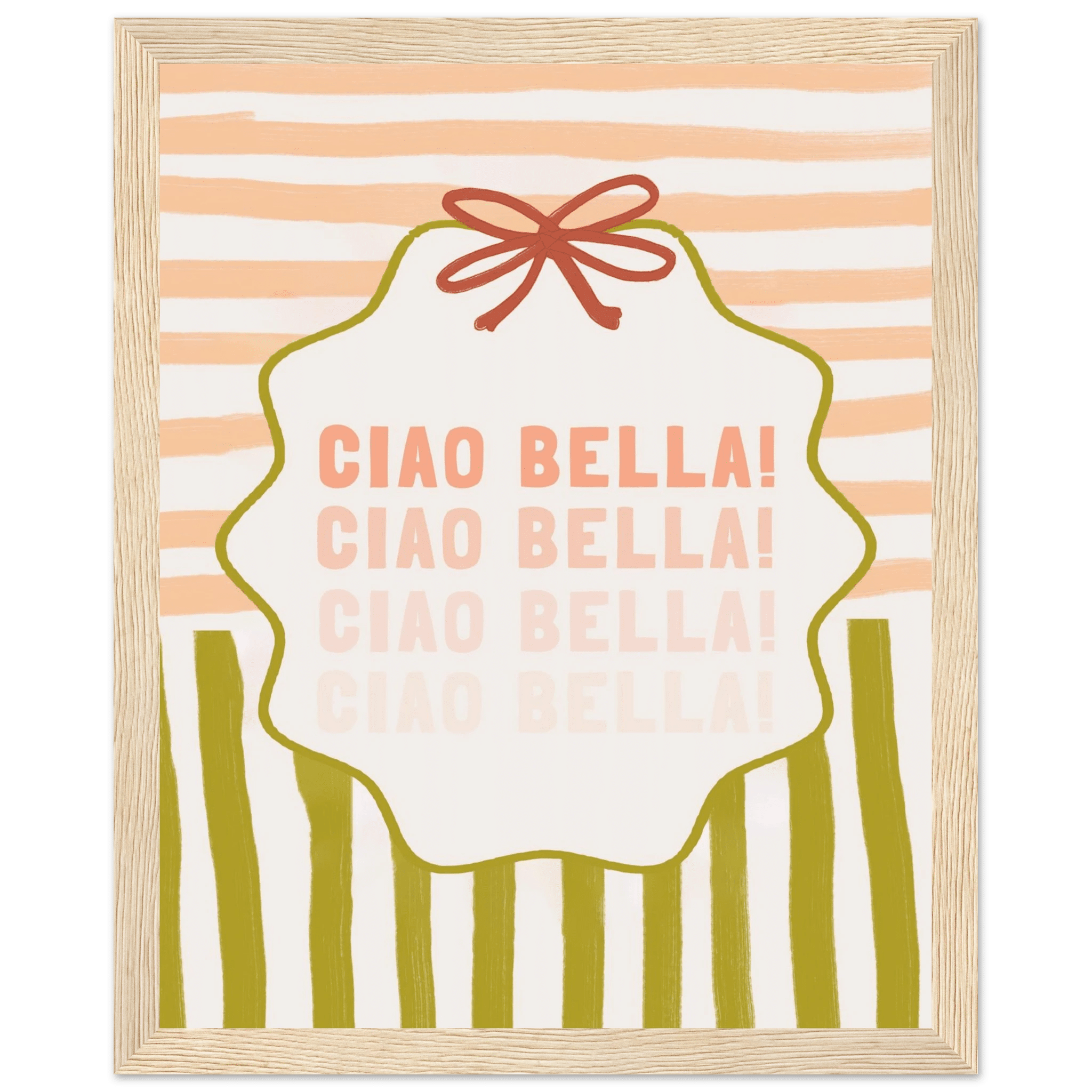 Ciao Bella Poster | Italian Typography Wall Art | Retro Stripe Bow Print | Cute Room Decor - Evergreen Posters