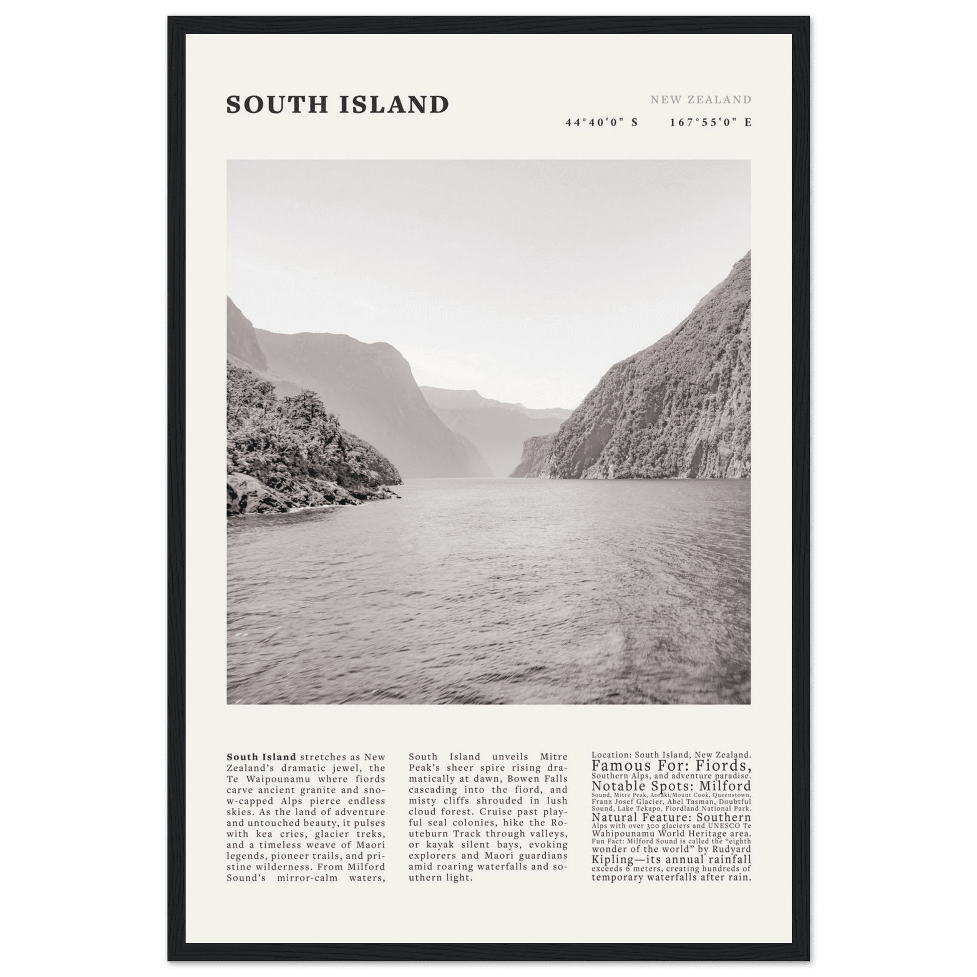 South Island New Zealand Poster Black and White – Vintage Milford Sound Fjord Print - Evergreen Posters