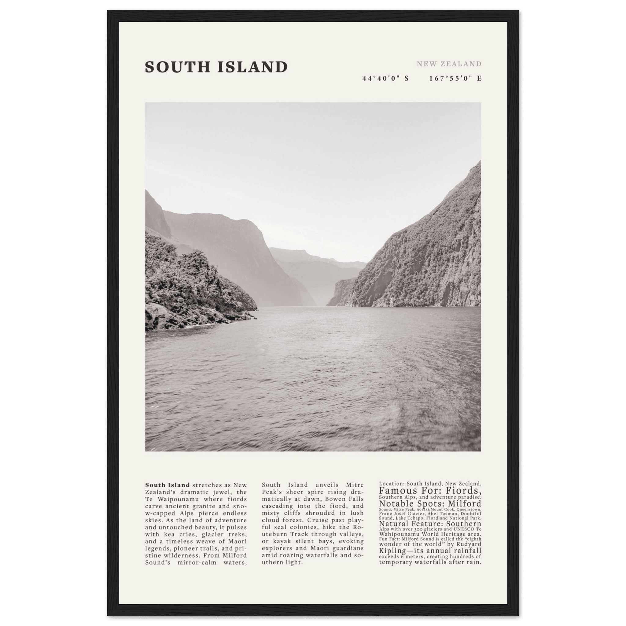 South Island New Zealand Poster Black and White – Vintage Milford Sound Fjord Print - Evergreen Posters