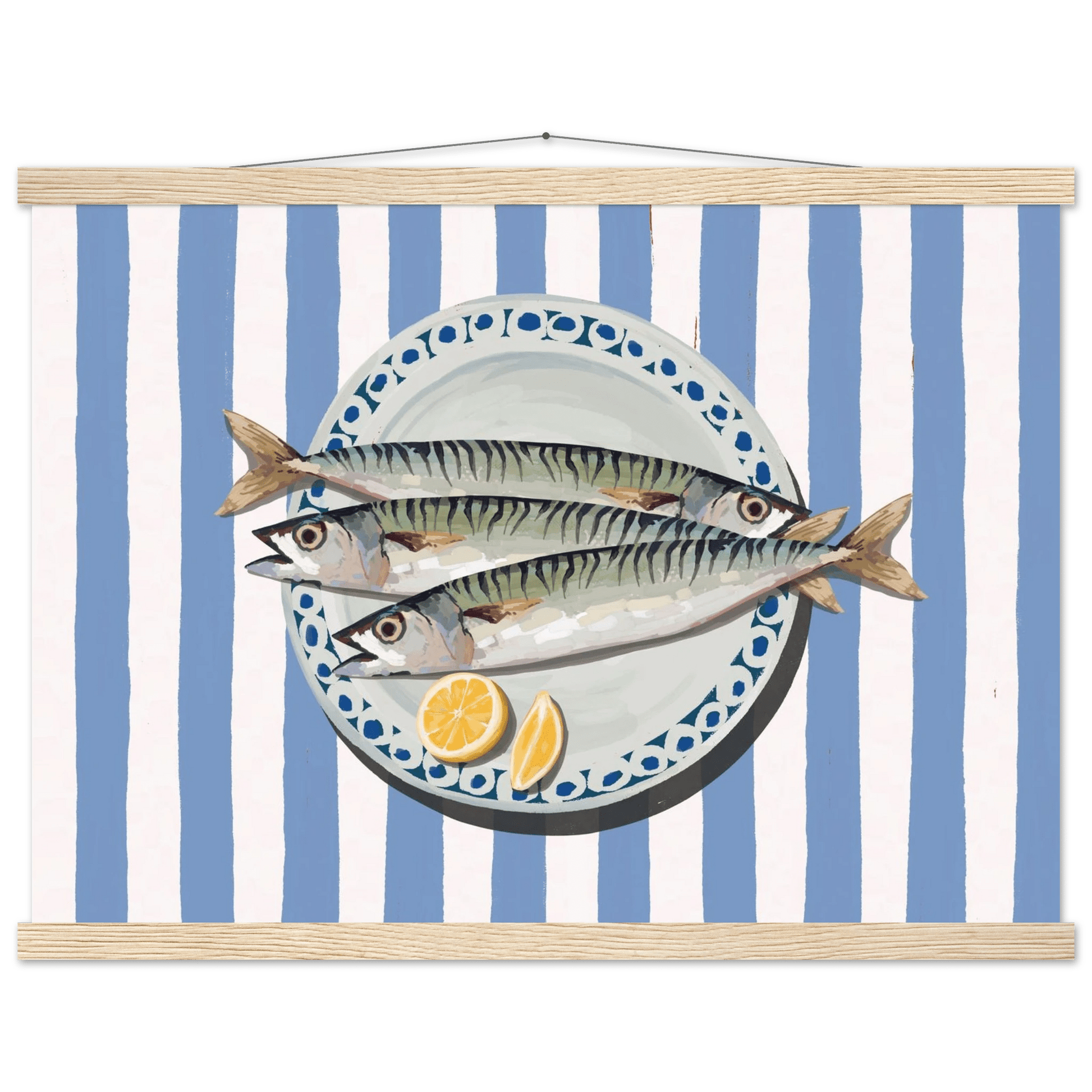 Sardines Print | Blue Stripe Fish Kitchen Wall Art | Coastal Food Poster - Evergreen Posters