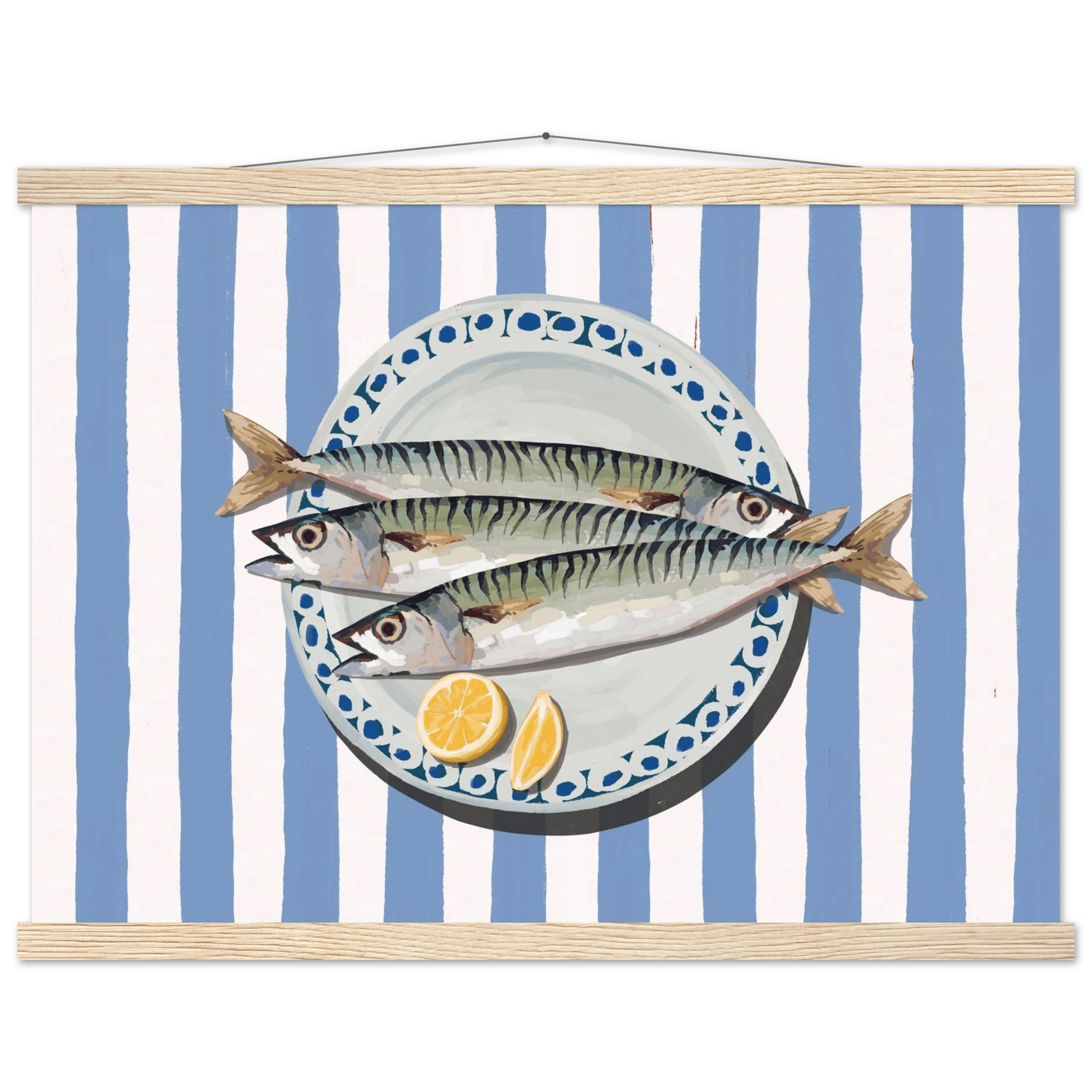 Sardines Print | Blue Stripe Fish Kitchen Wall Art | Coastal Food Poster - Evergreen Posters