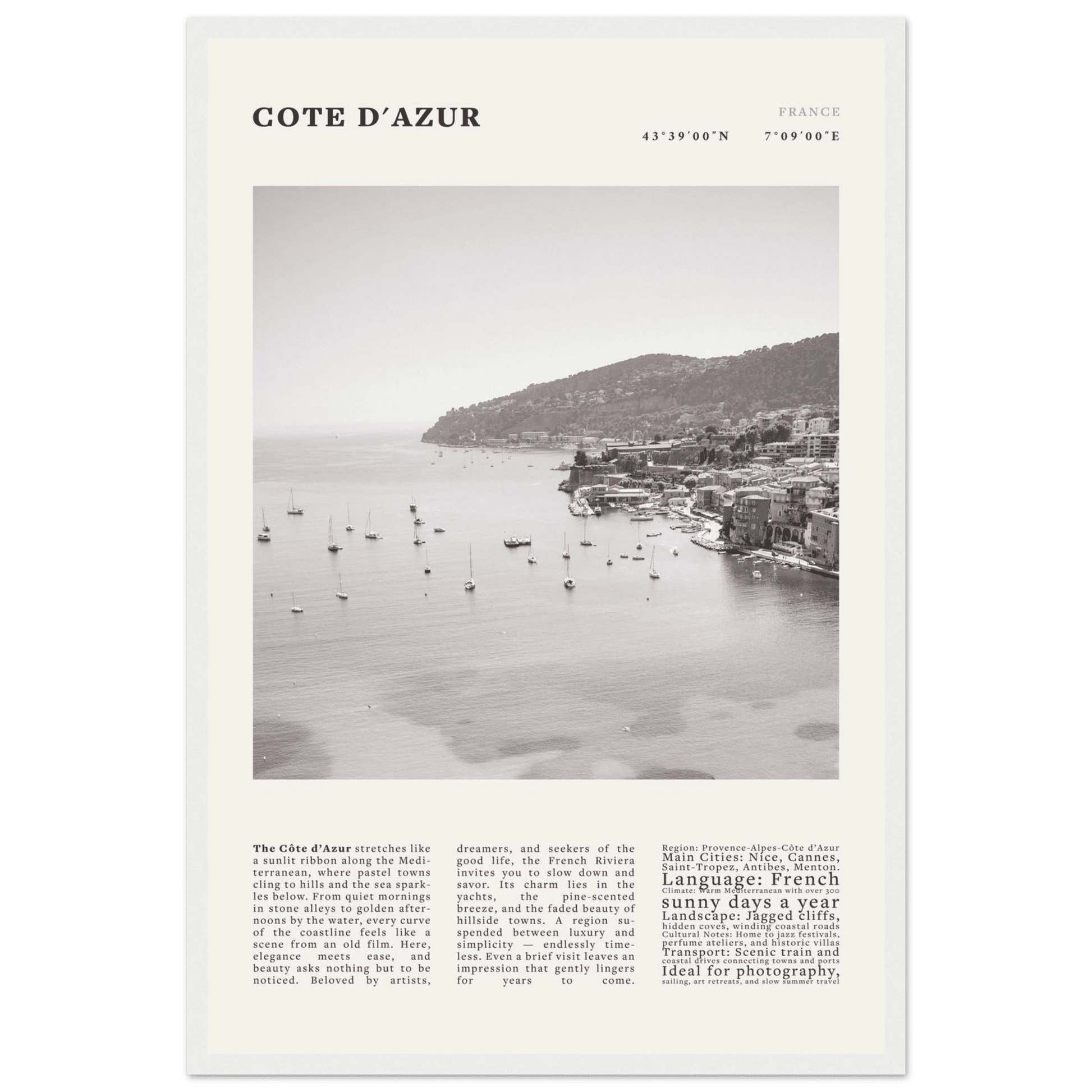 Côte d'Azur Poster Black and White – Vintage French Riviera Coast Print (Digital & Printed Options) - Evergreen Posters