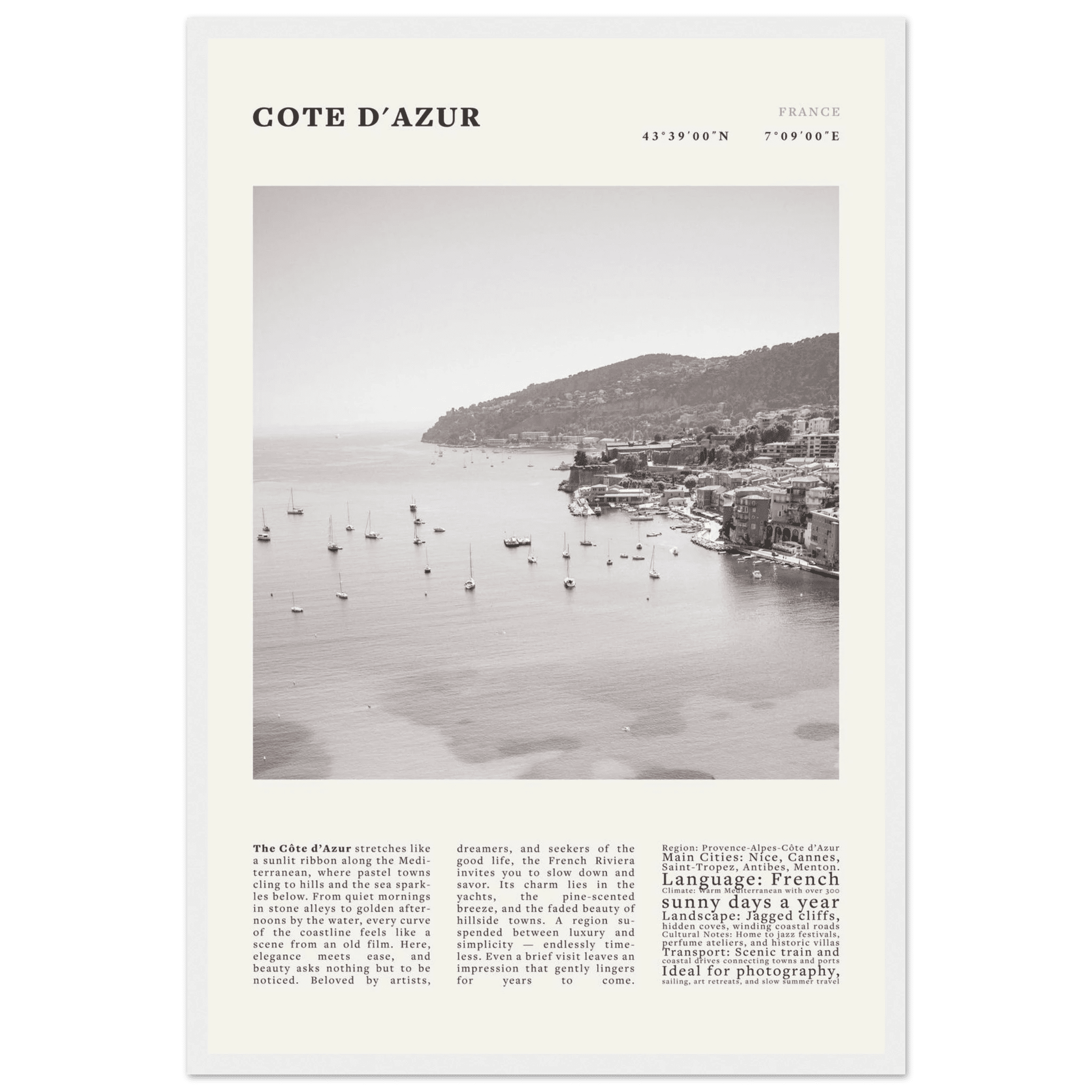 Côte d'Azur Poster Black and White – Vintage French Riviera Coast Print (Digital & Printed Options) - Evergreen Posters