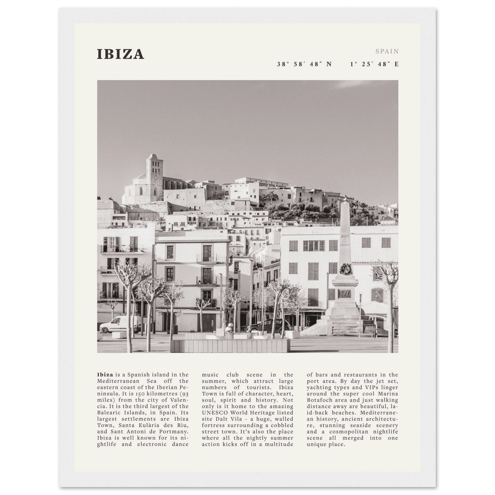 Ibiza Poster | Black & White Spanish Island Wall Art | Spain Travel Print - Evergreen Posters
