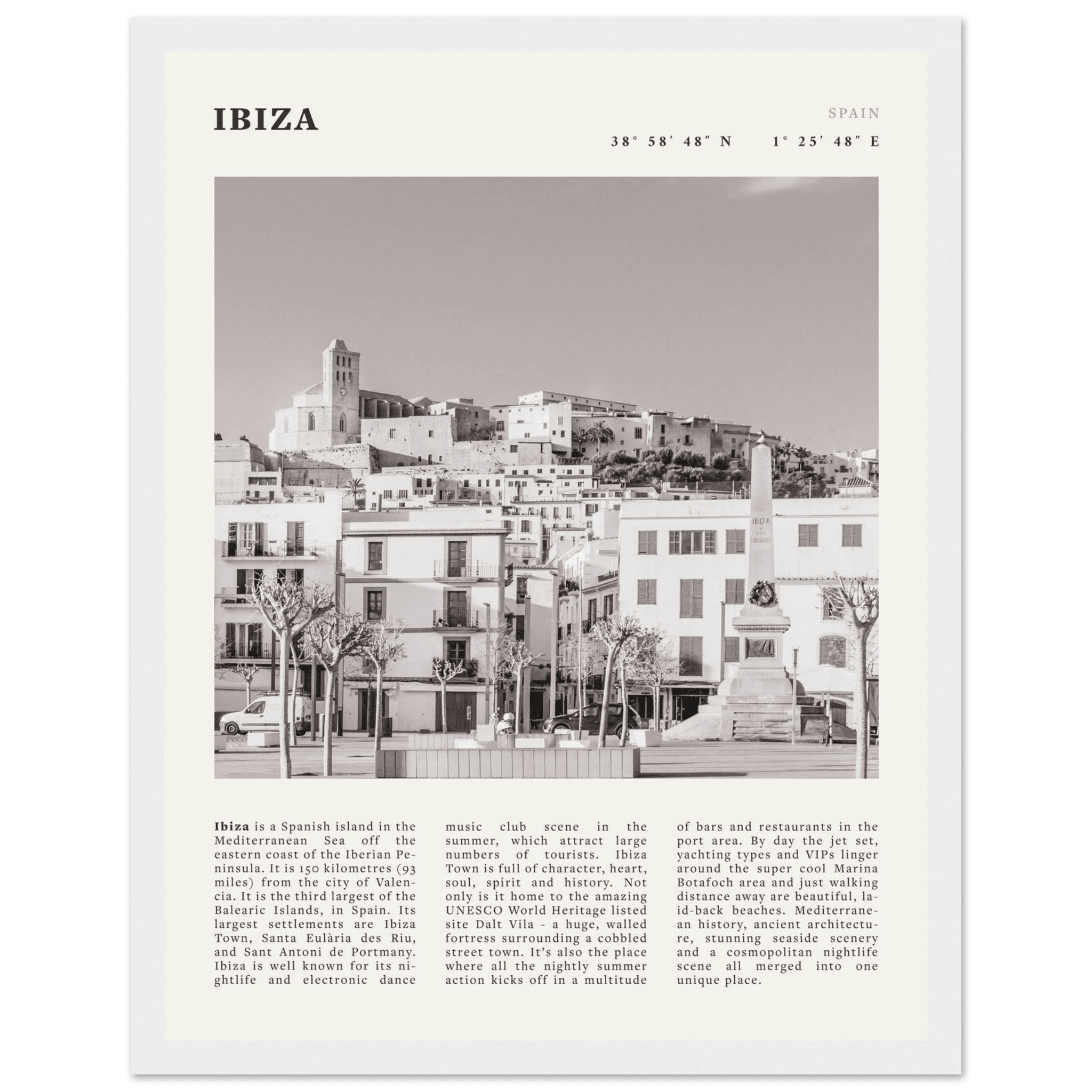 Ibiza Poster | Black & White Spanish Island Wall Art | Spain Travel Print - Evergreen Posters