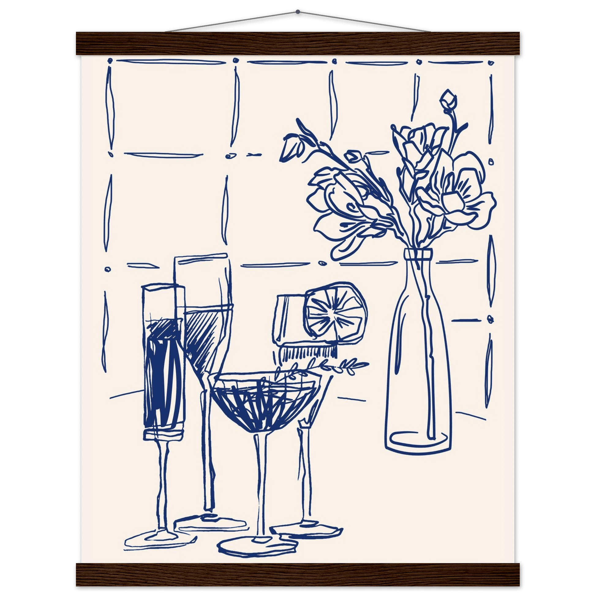 Cocktails & Flowers Print | Navy Blue Line Art Drinks Wall Art | Kitchen Bar Poster - Evergreen Posters