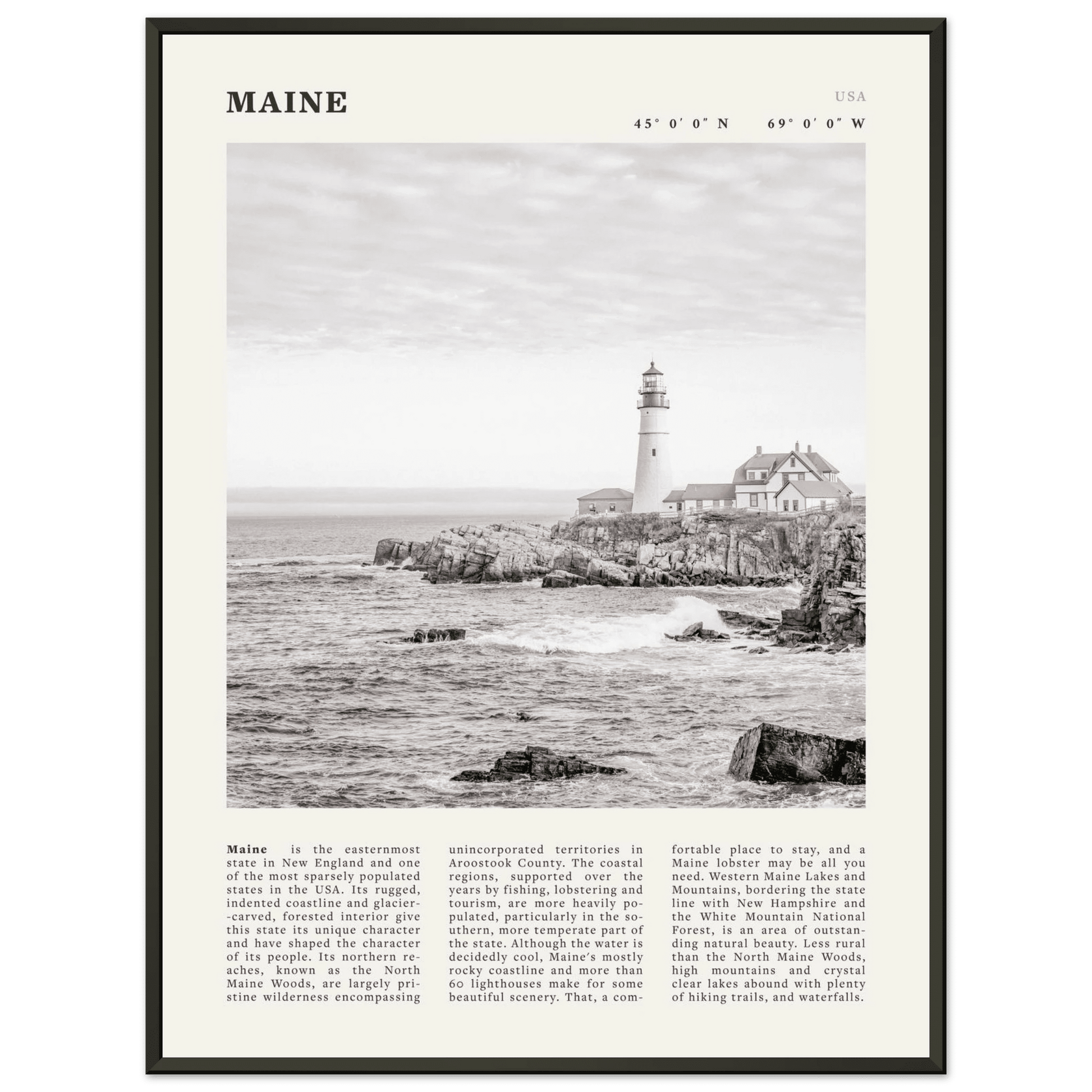 Maine Poster | Black & White Lighthouse Wall Art | New England Coastal Travel Print - Evergreen Posters