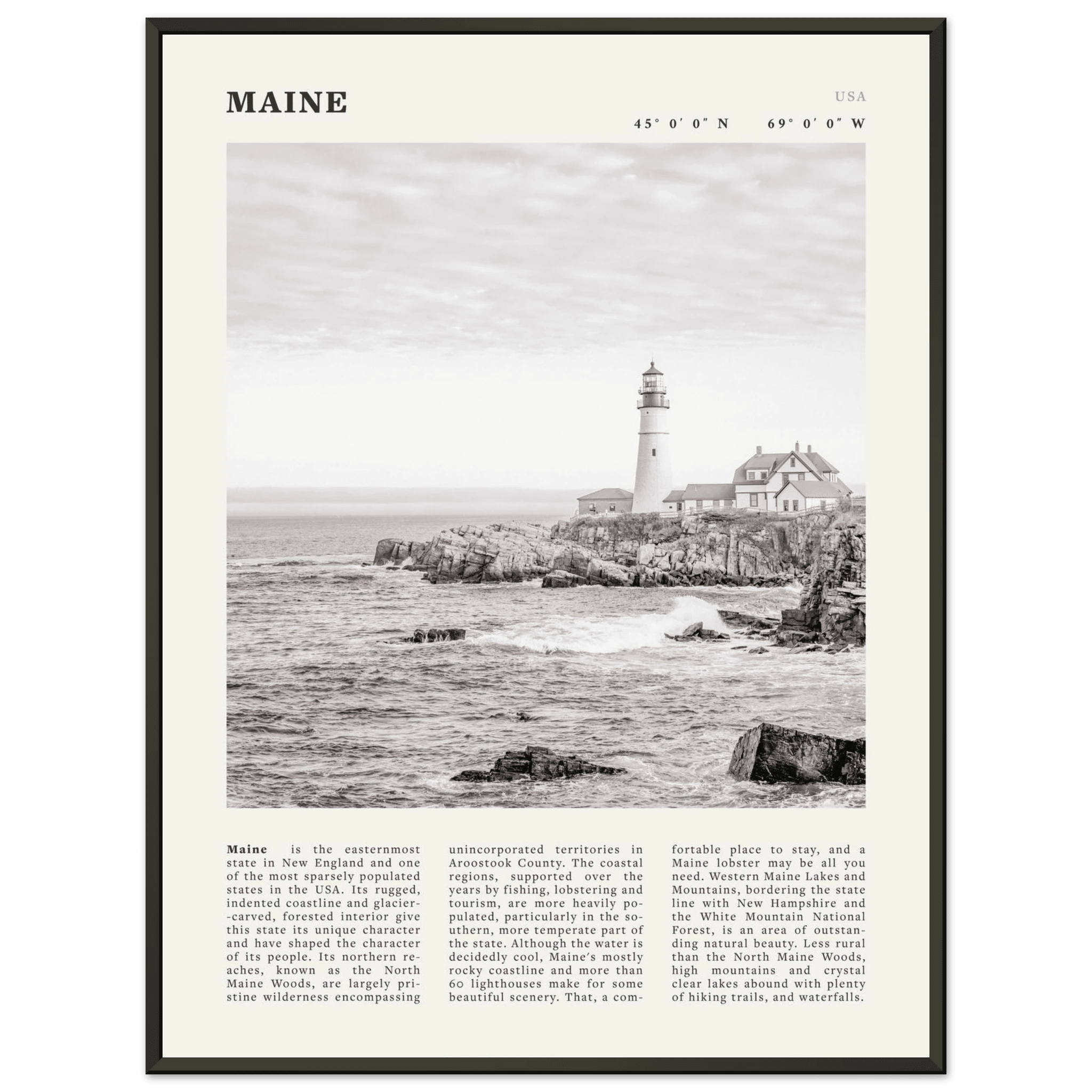 Maine Poster | Black & White Lighthouse Wall Art | New England Coastal Travel Print - Evergreen Posters