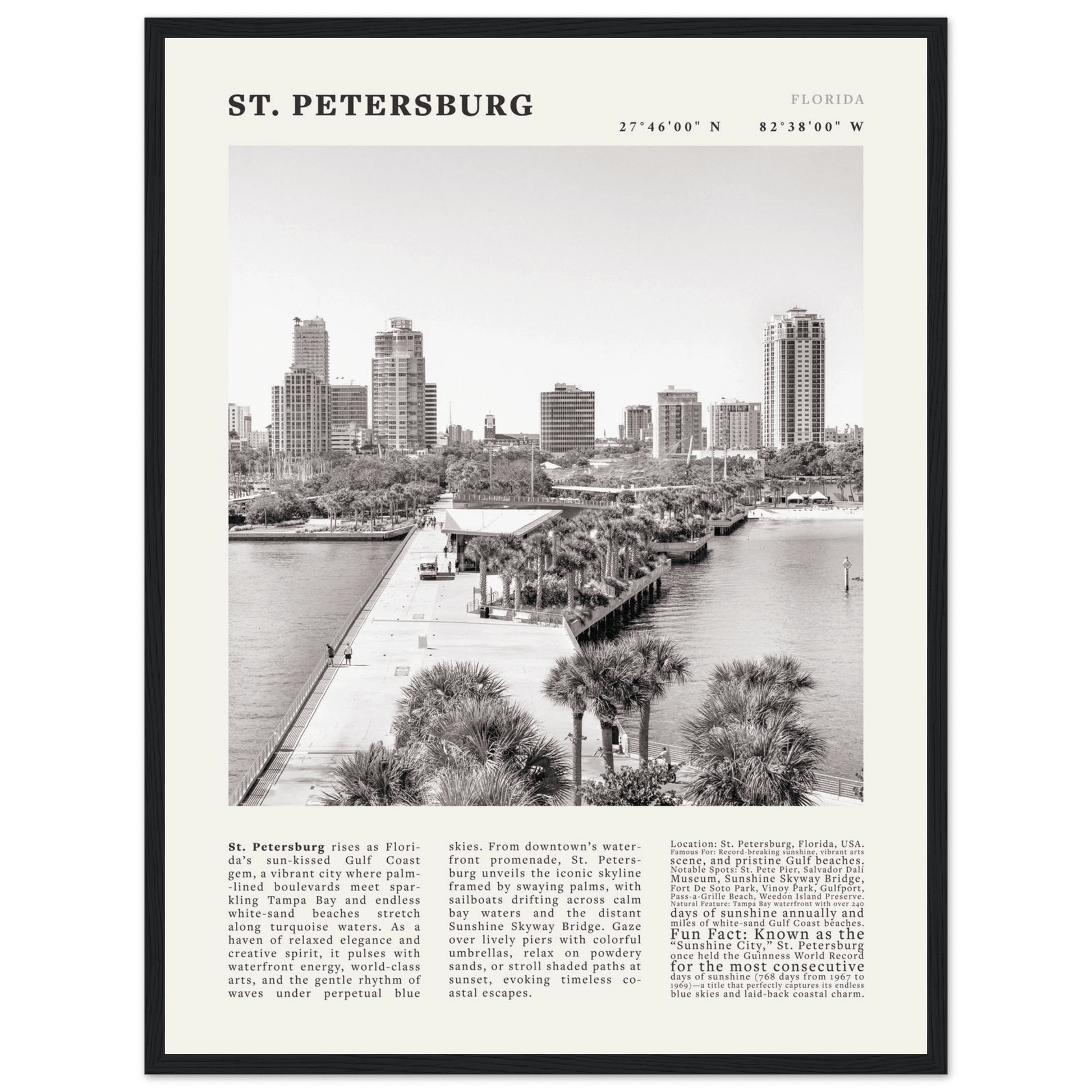 St. Petersburg Florida Poster Black and White – Vintage St Pete Skyline Print (Digital & Printed Options) - Evergreen Posters