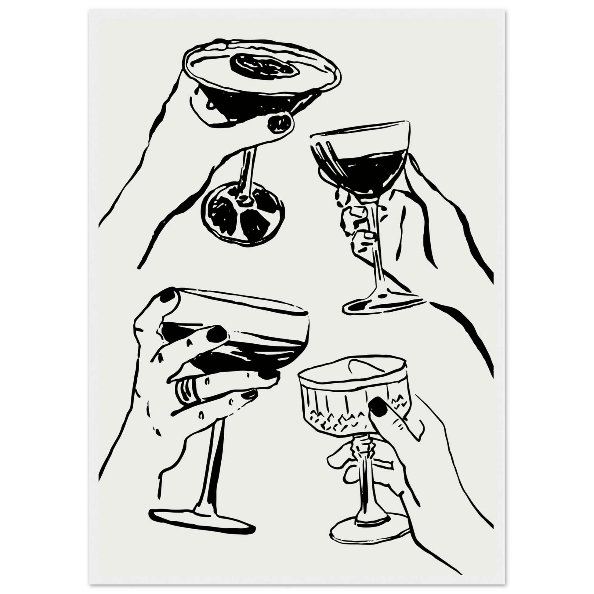 Cheers Print | Black Line Art Cocktail Glasses Wall Art | Kitchen Bar Poster - Evergreen Posters