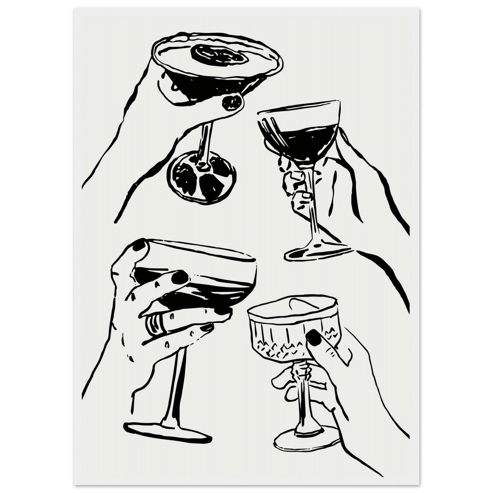 Cheers Print | Black Line Art Cocktail Glasses Wall Art | Kitchen Bar Poster - Evergreen Posters