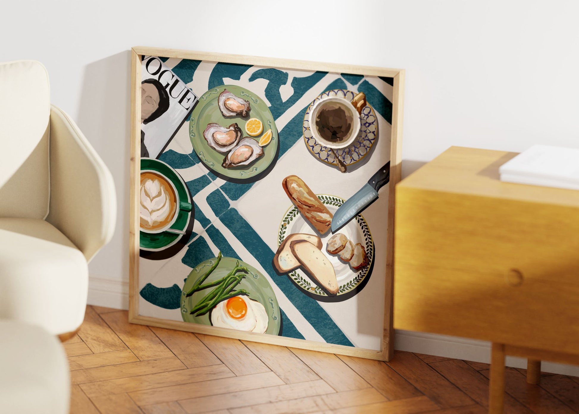 Oysters & Vogue Brunch Poster | Luxury Kitchen Wall Art | Blue Tile Square Print - Evergreen Posters - 40