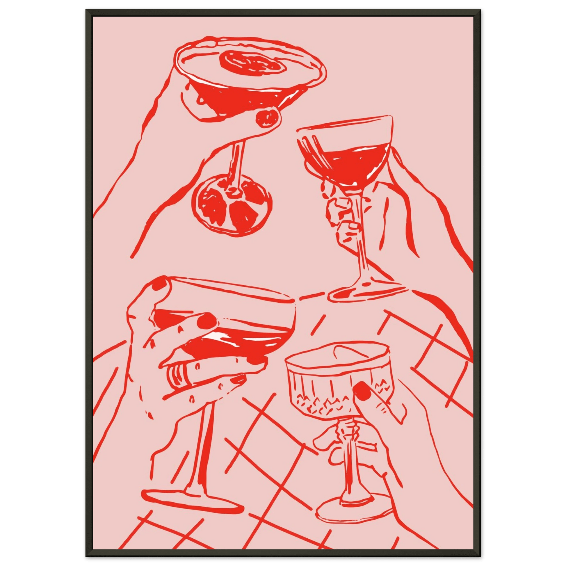 Cheers Print | Red & Pink Cocktail Glasses Wall Art | Kitchen Bar Poster - Evergreen Posters