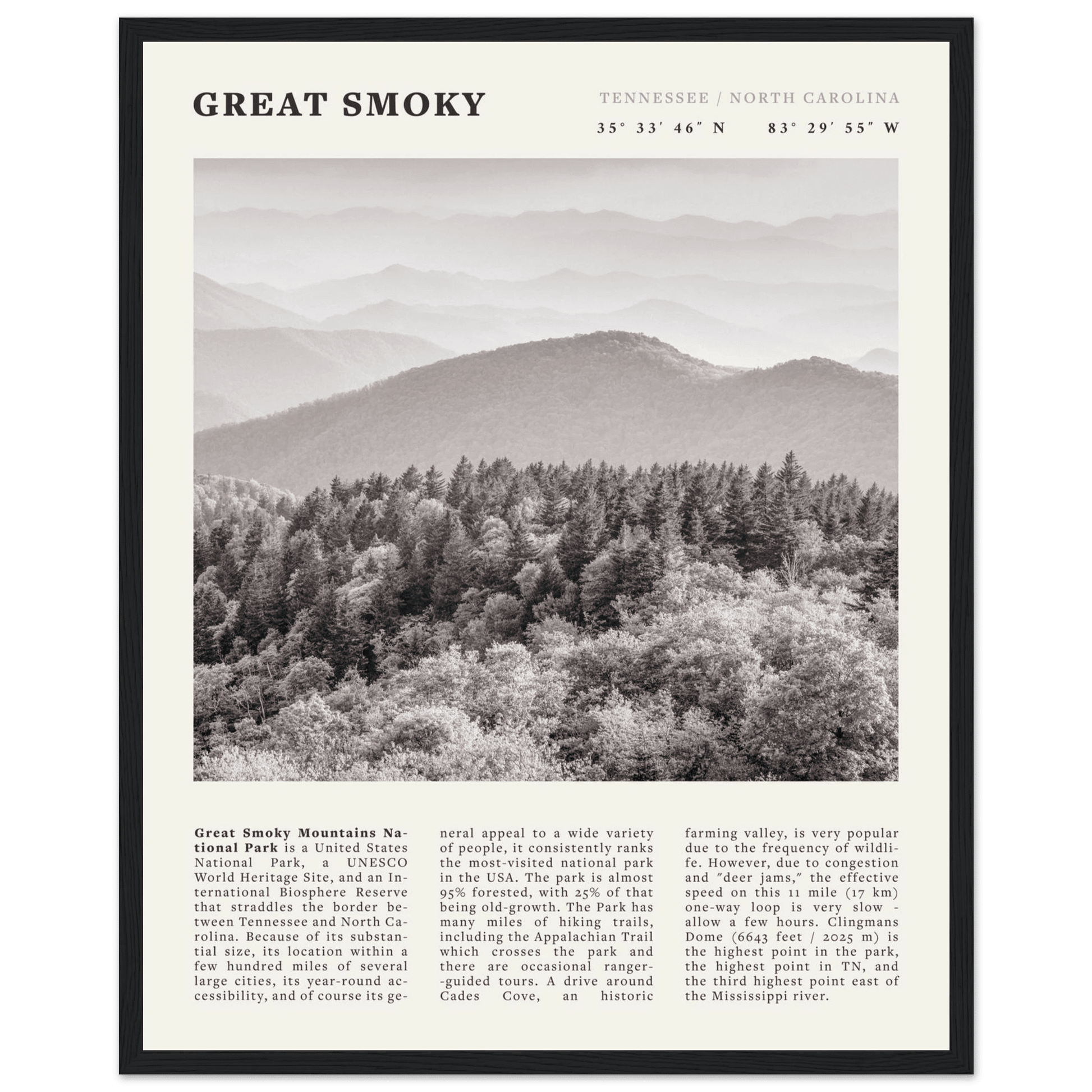 Great Smoky Mountains Poster | Black & White National Park Wall Art | Tennessee Print - Evergreen Posters