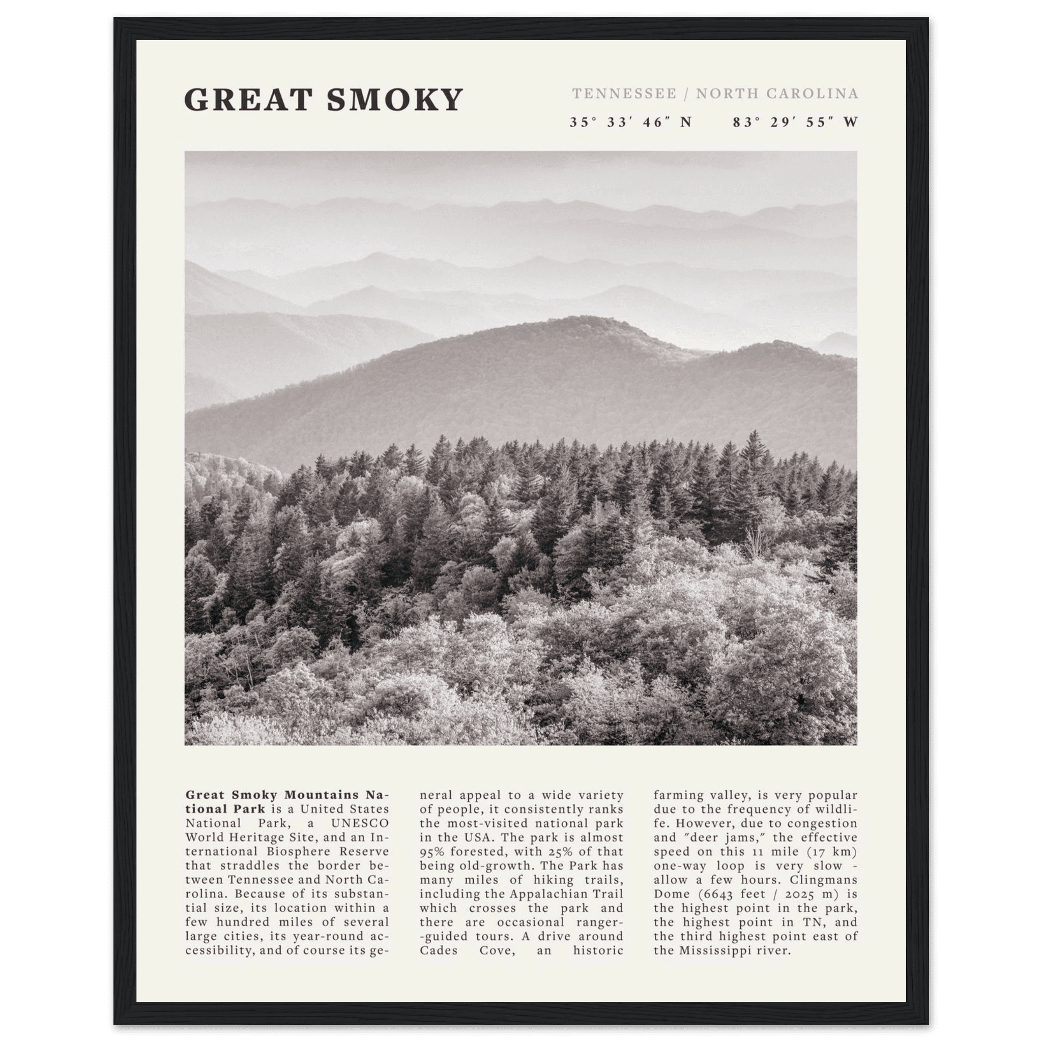 Great Smoky Mountains Poster | Black & White National Park Wall Art | Tennessee Print - Evergreen Posters
