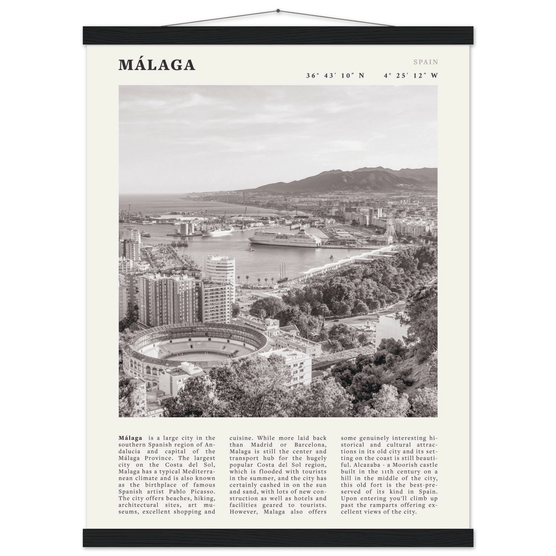 Málaga Poster | Black & White Costa del Sol Wall Art | Spain Travel Print - Evergreen Posters