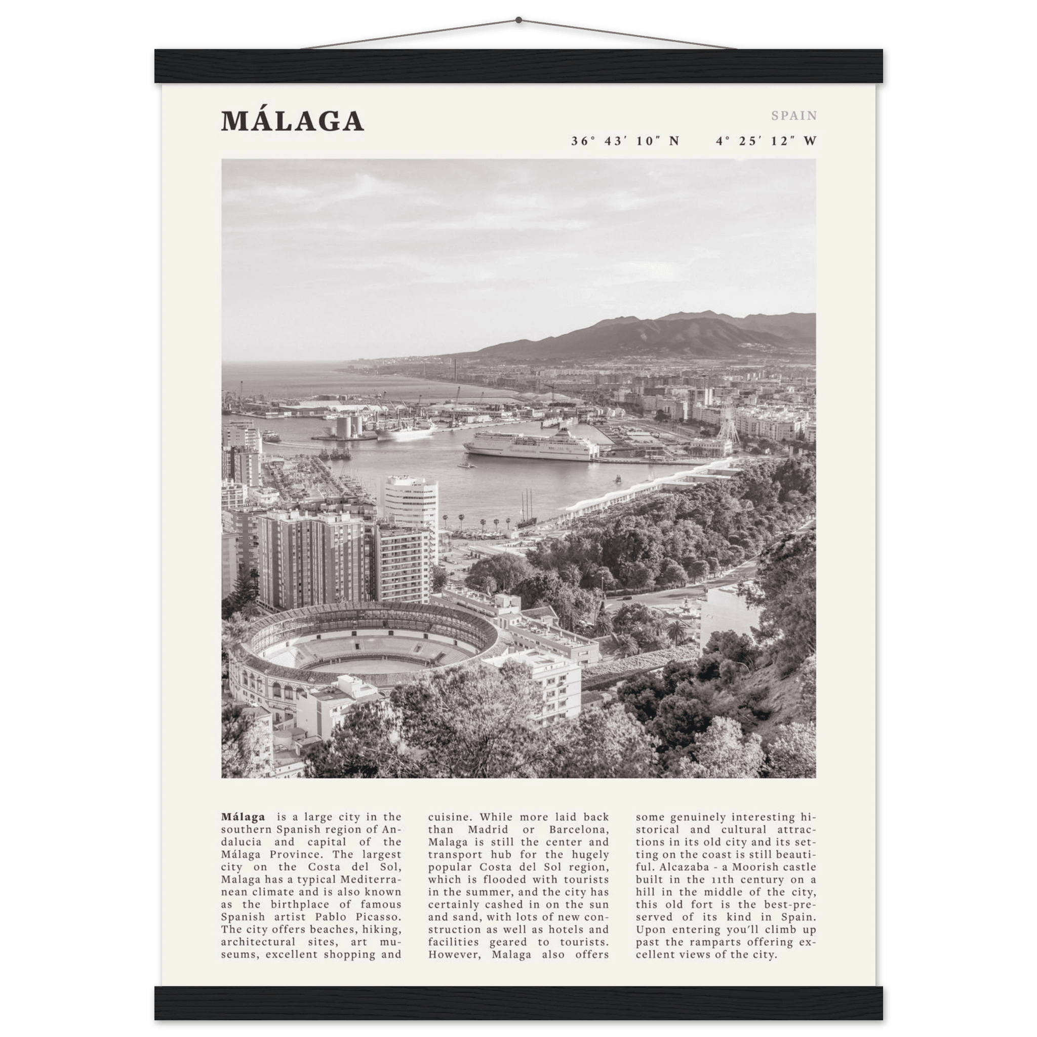 Málaga Poster | Black & White Costa del Sol Wall Art | Spain Travel Print - Evergreen Posters