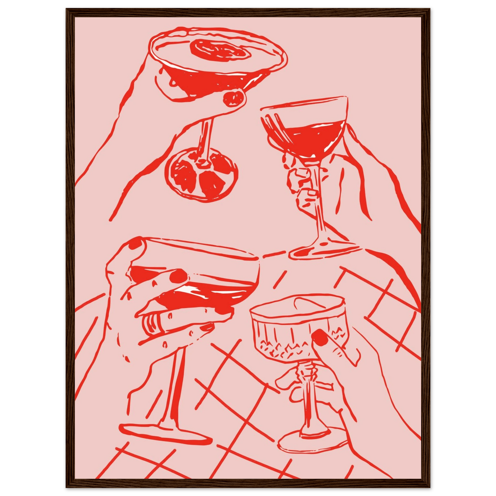 Cheers Print | Red & Pink Cocktail Glasses Wall Art | Kitchen Bar Poster - Evergreen Posters