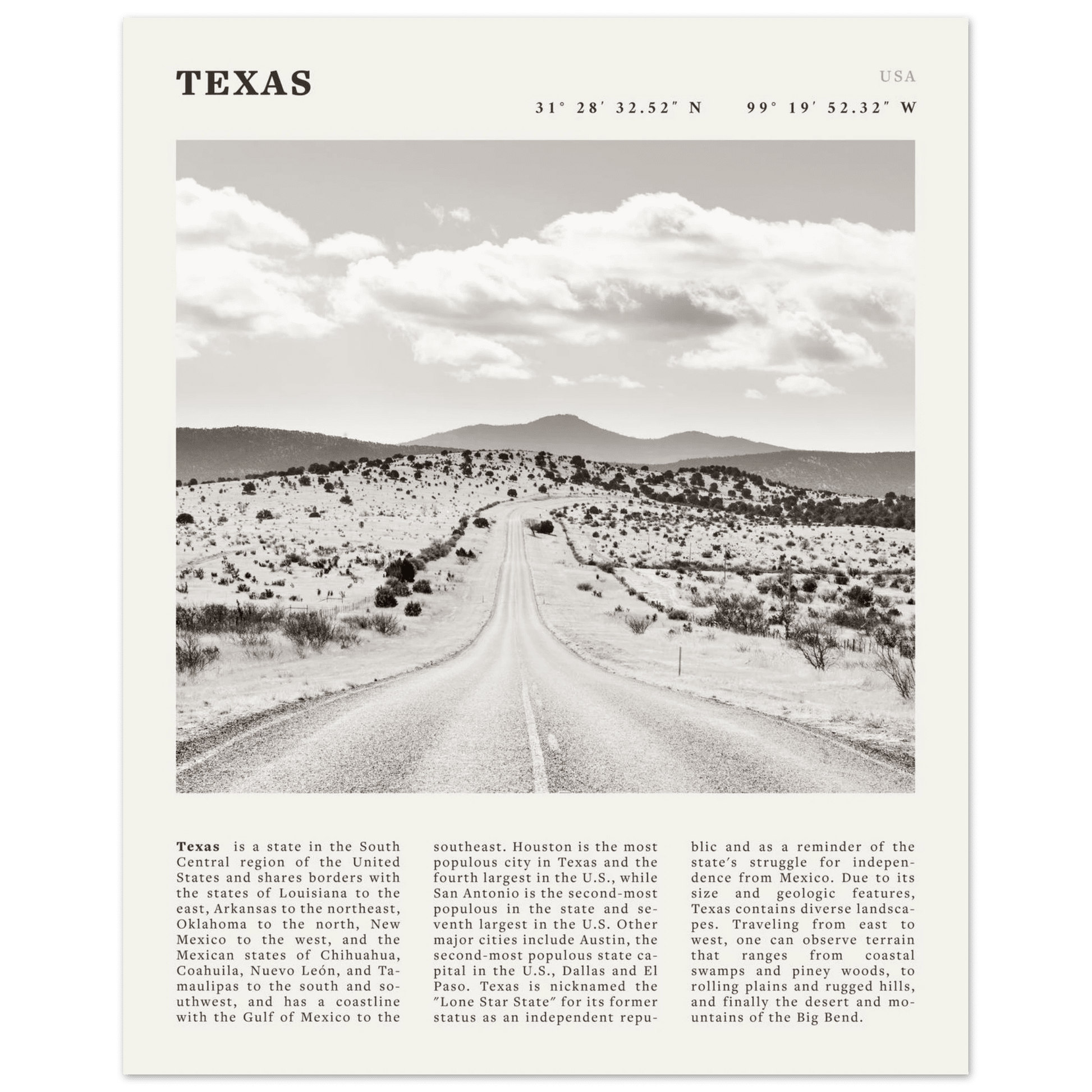 Texas Poster | Black & White Lone Star Road Wall Art | USA Travel Print Decor - Evergreen Posters