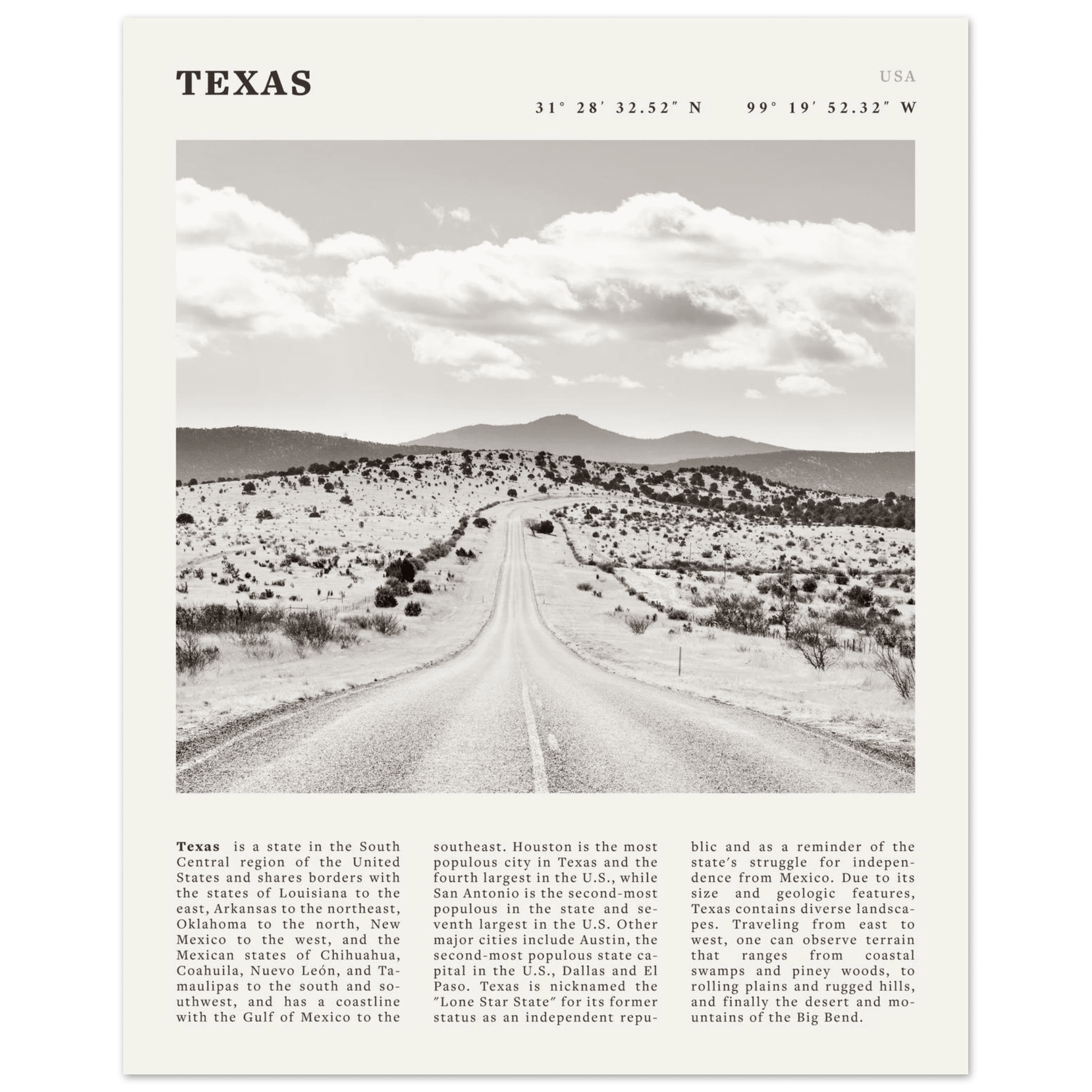 Texas Poster | Black & White Lone Star Road Wall Art | USA Travel Print Decor - Evergreen Posters