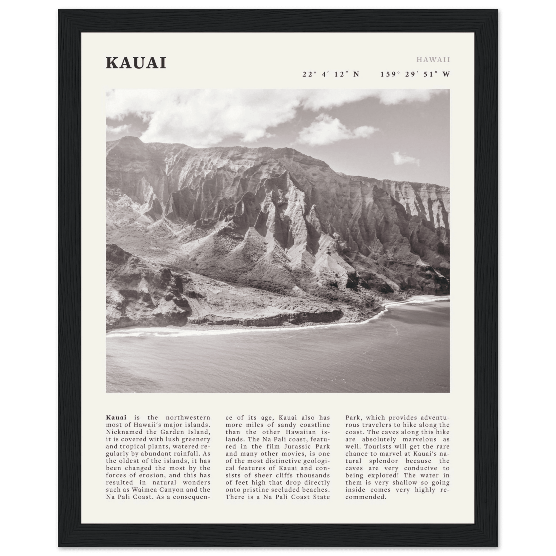 Kauai Poster | Black & White Na Pali Coast Wall Art | Hawaii Travel Print Decor - Evergreen Posters
