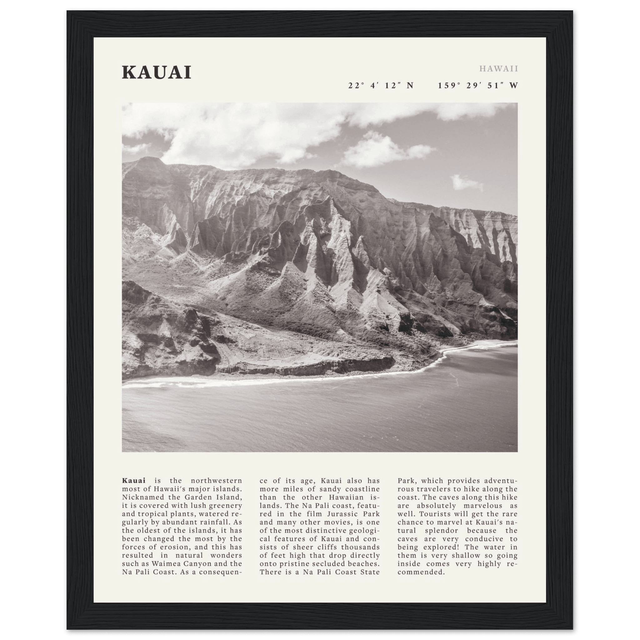 Kauai Poster | Black & White Na Pali Coast Wall Art | Hawaii Travel Print Decor - Evergreen Posters