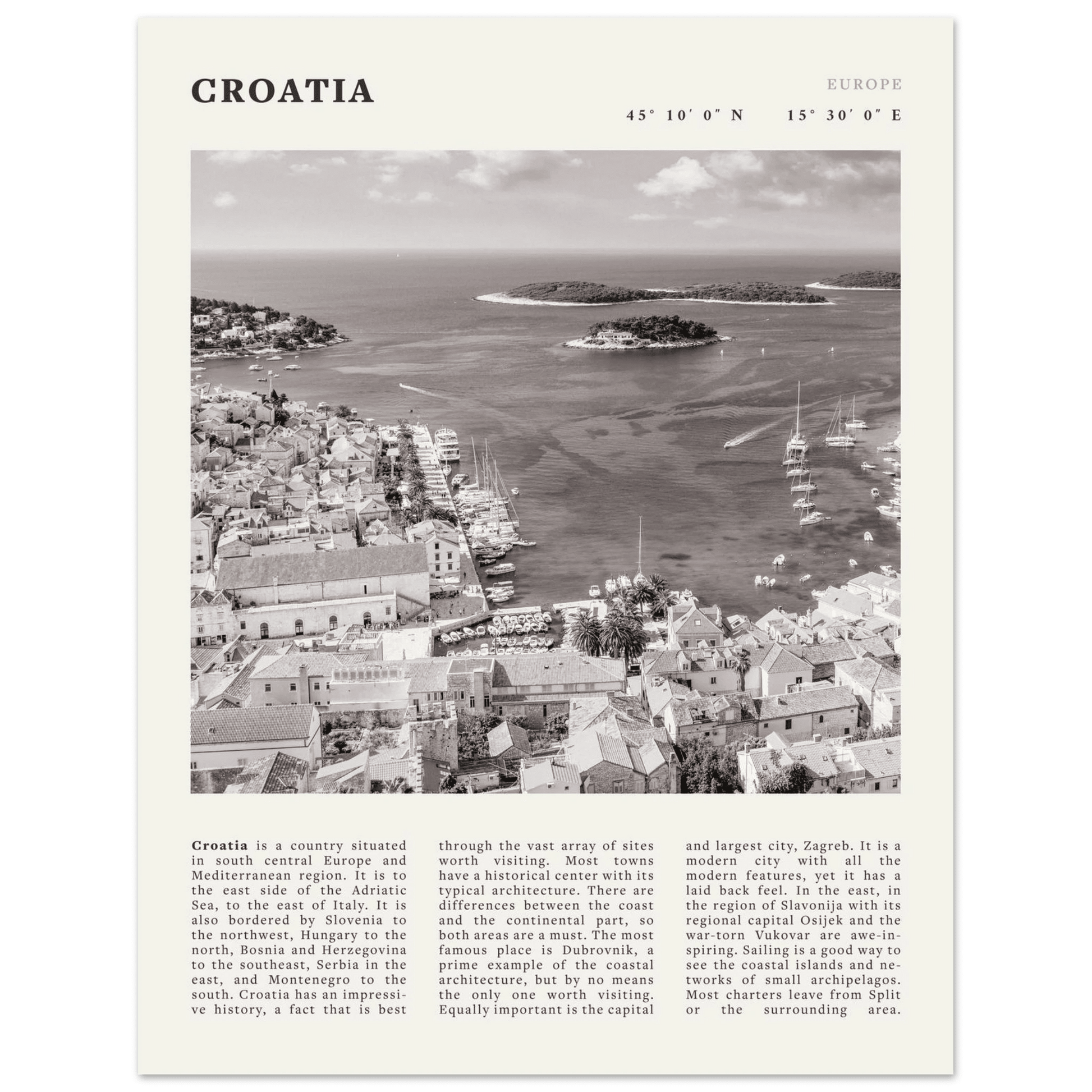 Croatia Poster | Black & White Hvar Island Wall Art | Adriatic Travel Print Decor - Evergreen Posters