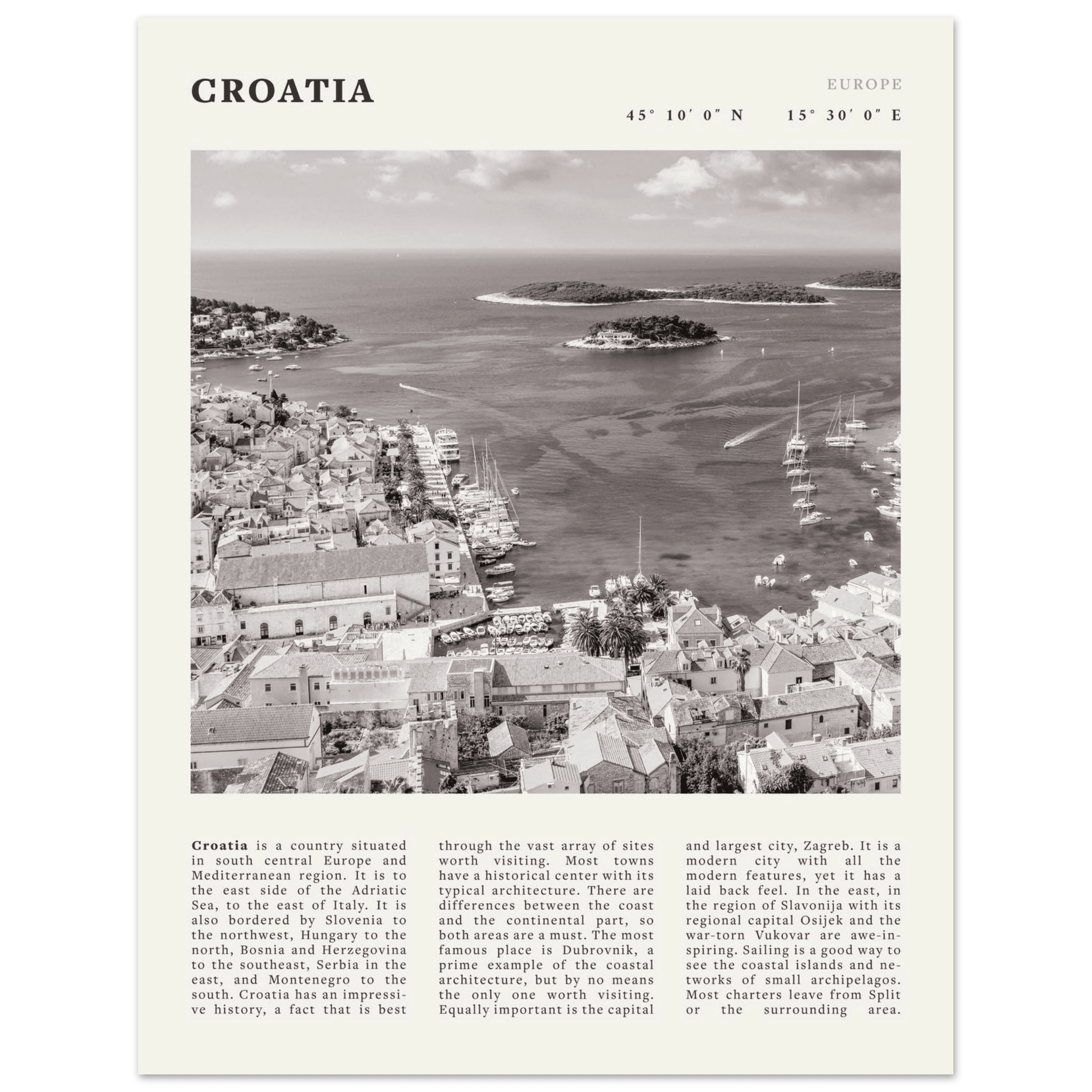 Croatia Poster | Black & White Hvar Island Wall Art | Adriatic Travel Print Decor - Evergreen Posters